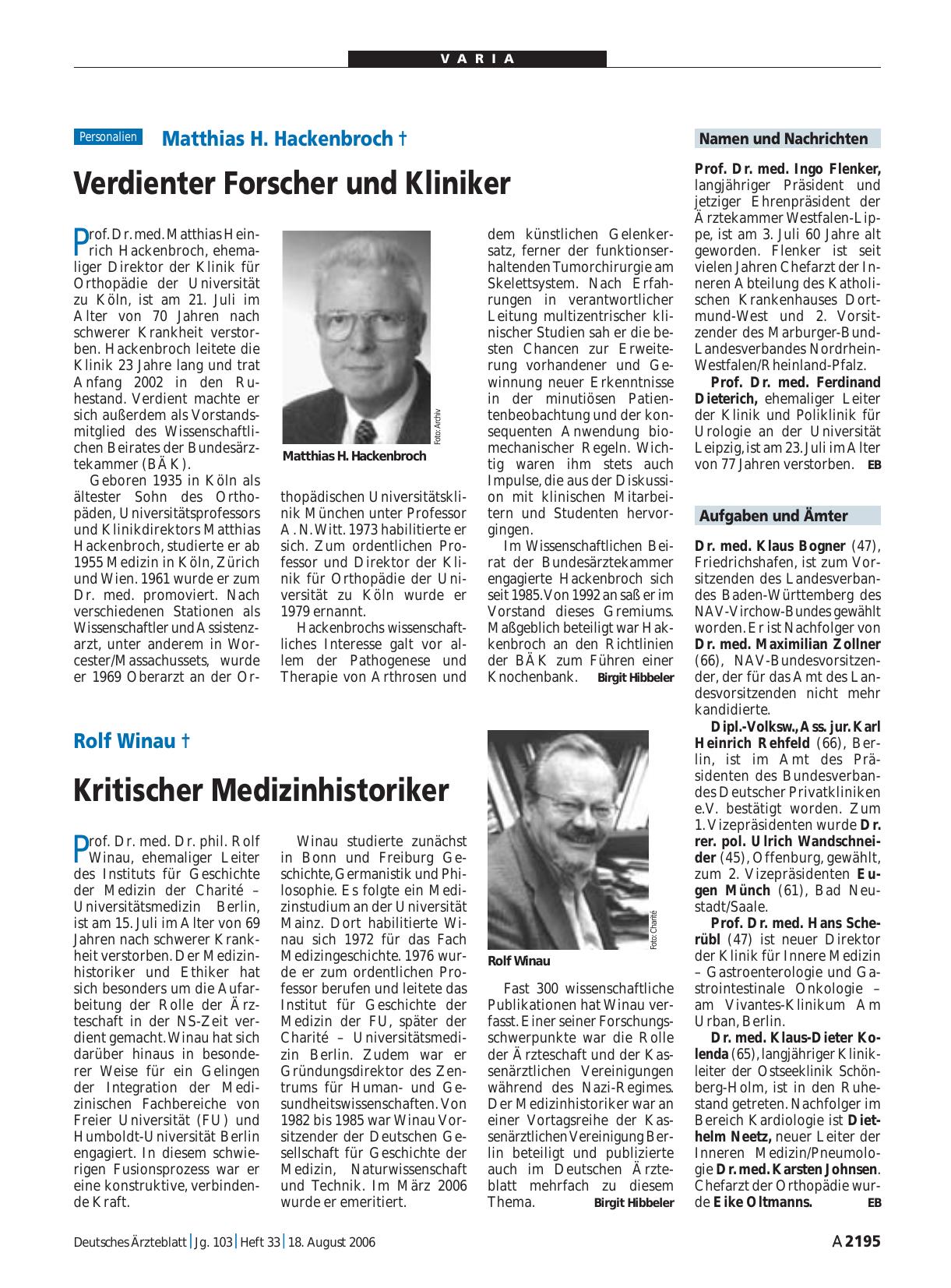 Vorschauseite 1: Matthias H. Hackenbroch †: Verdienter Forscher und Kliniker