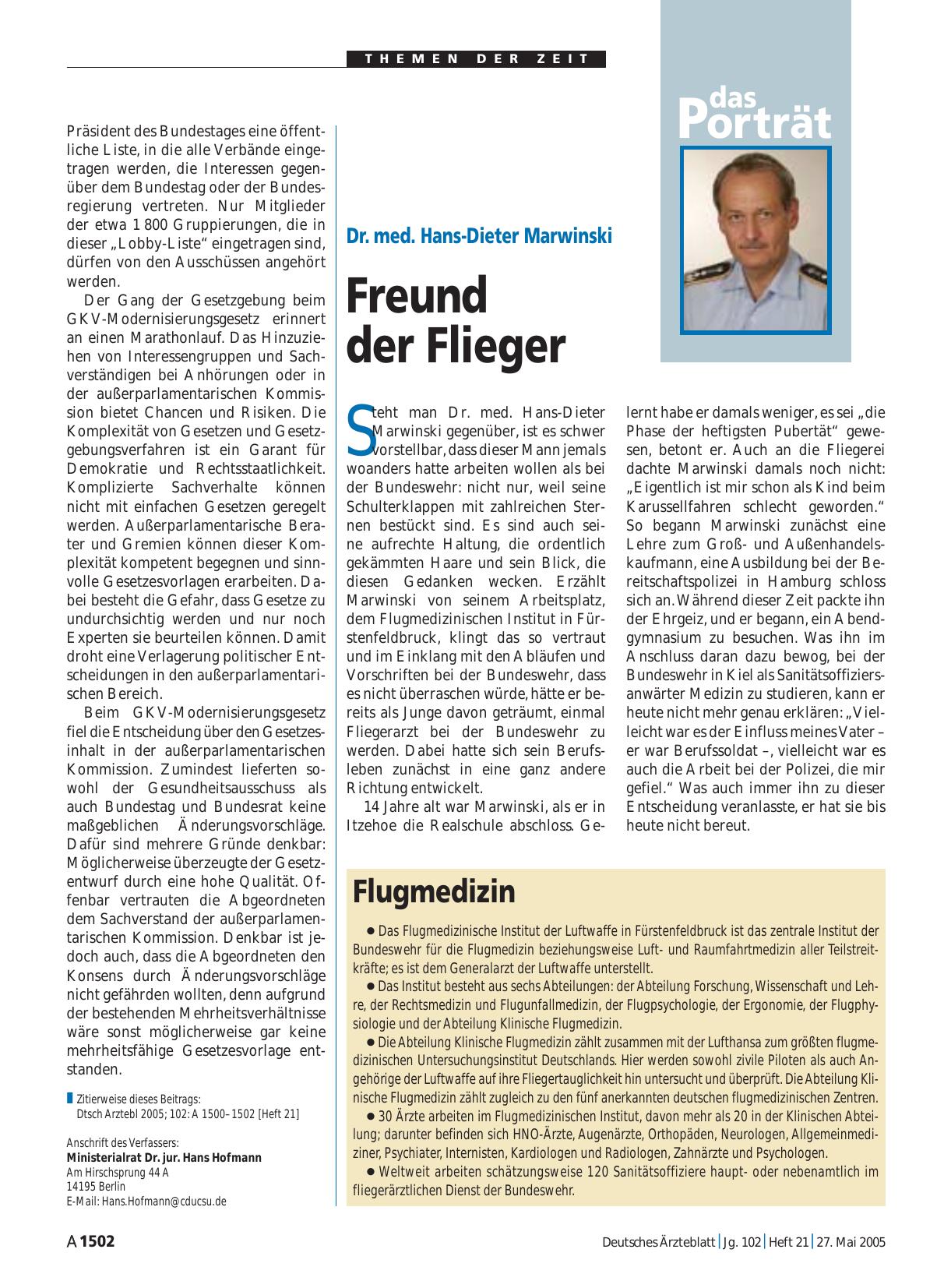 Vorschauseite 1: Das Porträt: Dr. med. Hans-Dieter Marwinski – Freund der Flieger