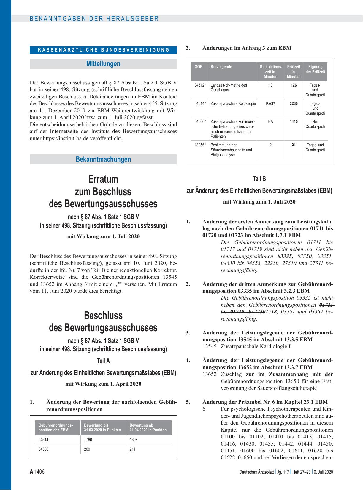 Vorschauseite 1: Erratum zum Beschluss des Bewertungsausschusses nach § 87 Abs. 1 Satz 1 SGB V in seiner 498. Sitzung (schriftliche Beschlussfassung)