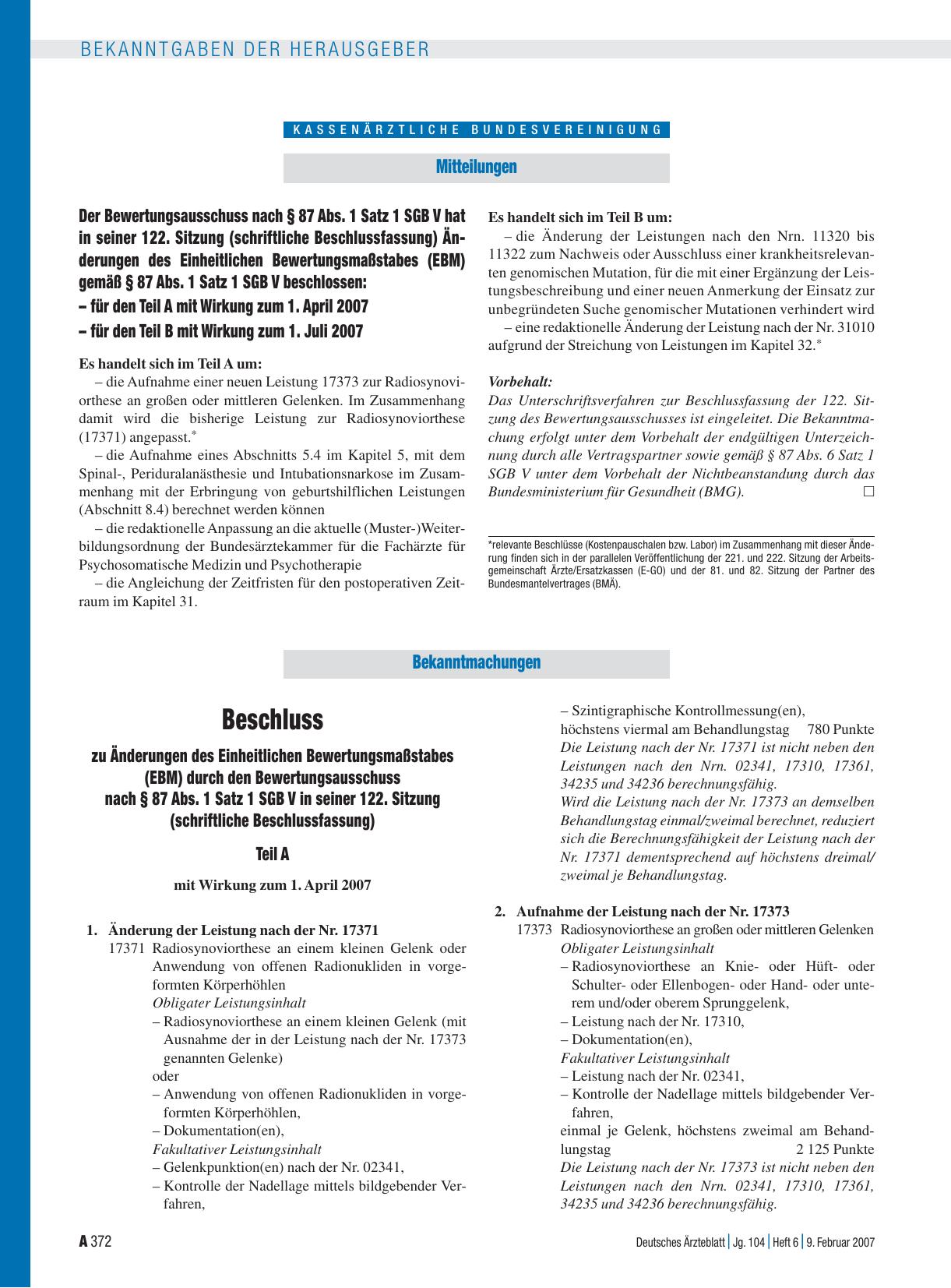 Vorschauseite 1: Der Bewertungsausschuss nach § 87 Abs. 1 Satz 1 SGB V hat in seiner 122. Sitzung (schriftliche Beschlussfassung) Änderungen des Einheitlichen Bewertungsmaßstabes (EBM) gemäß § 87…