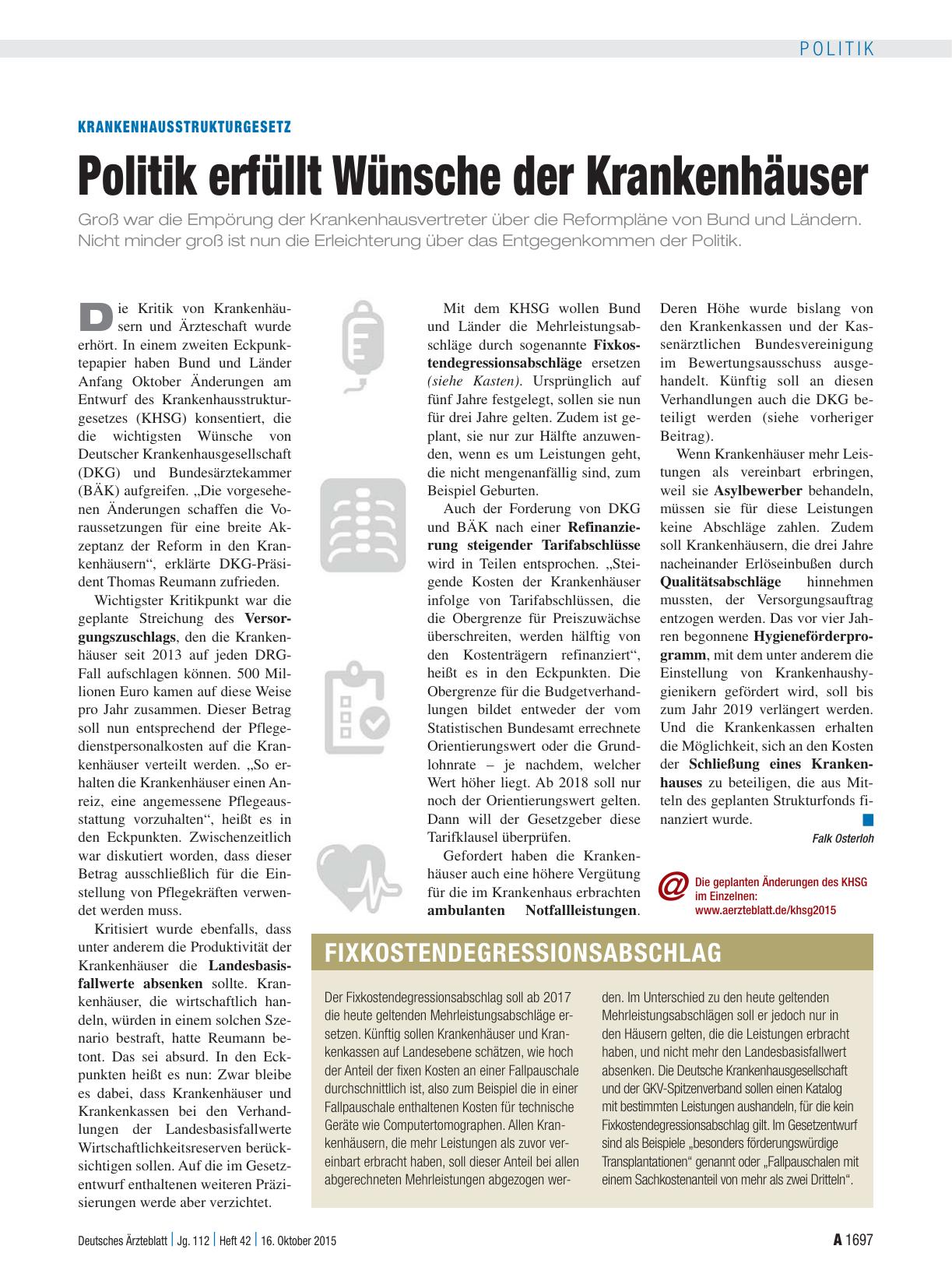 Vorschauseite 1: Krankenhausstrukturgesetz: Politik erfüllt Wünsche der Krankenhäuser
