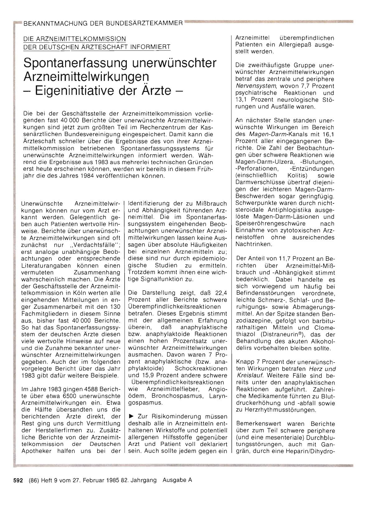 Vorschauseite 1: Spontanerfassung unerwünschter Arzneimittelwirkungen - Eigeninitiative der Ärzte -