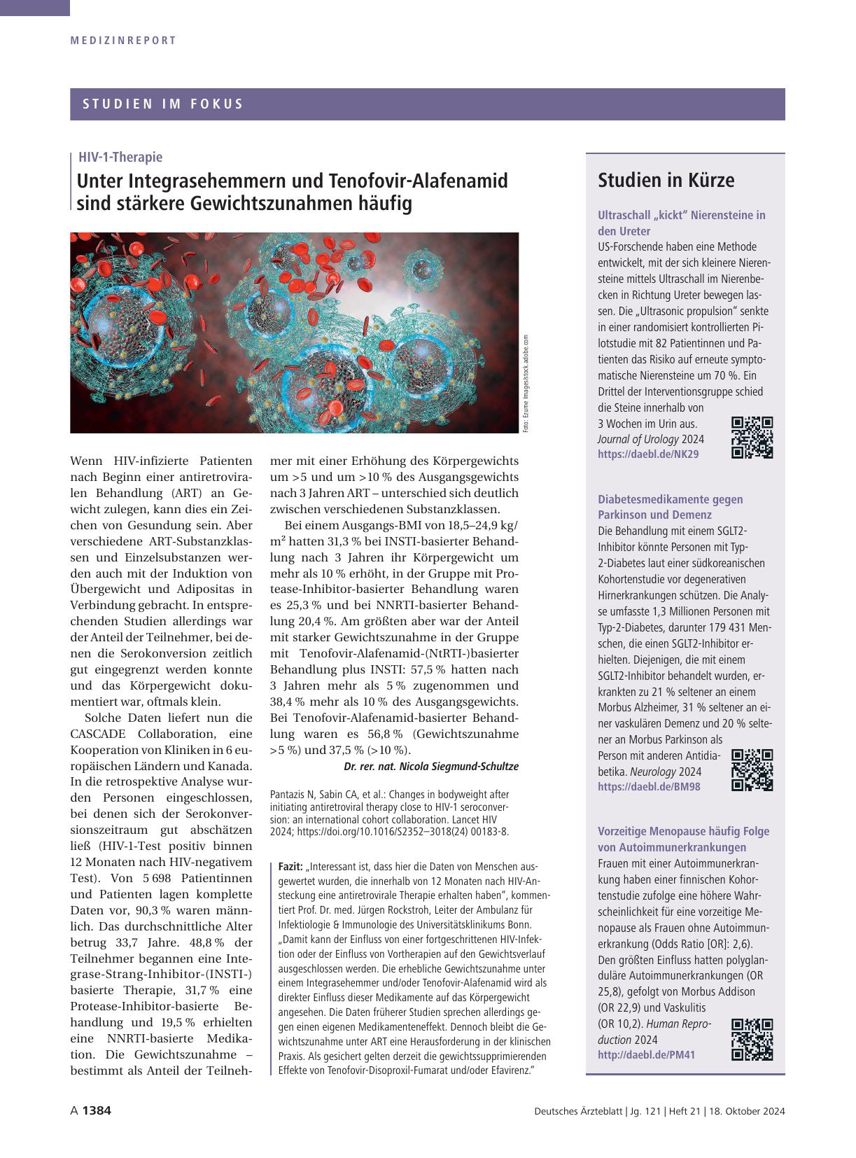 Vorschauseite 1: HIV-1-Therapie: Unter Integrasehemmern und Tenofovir-Alafenamid sind stärkere Gewichtszunahmen häufig.