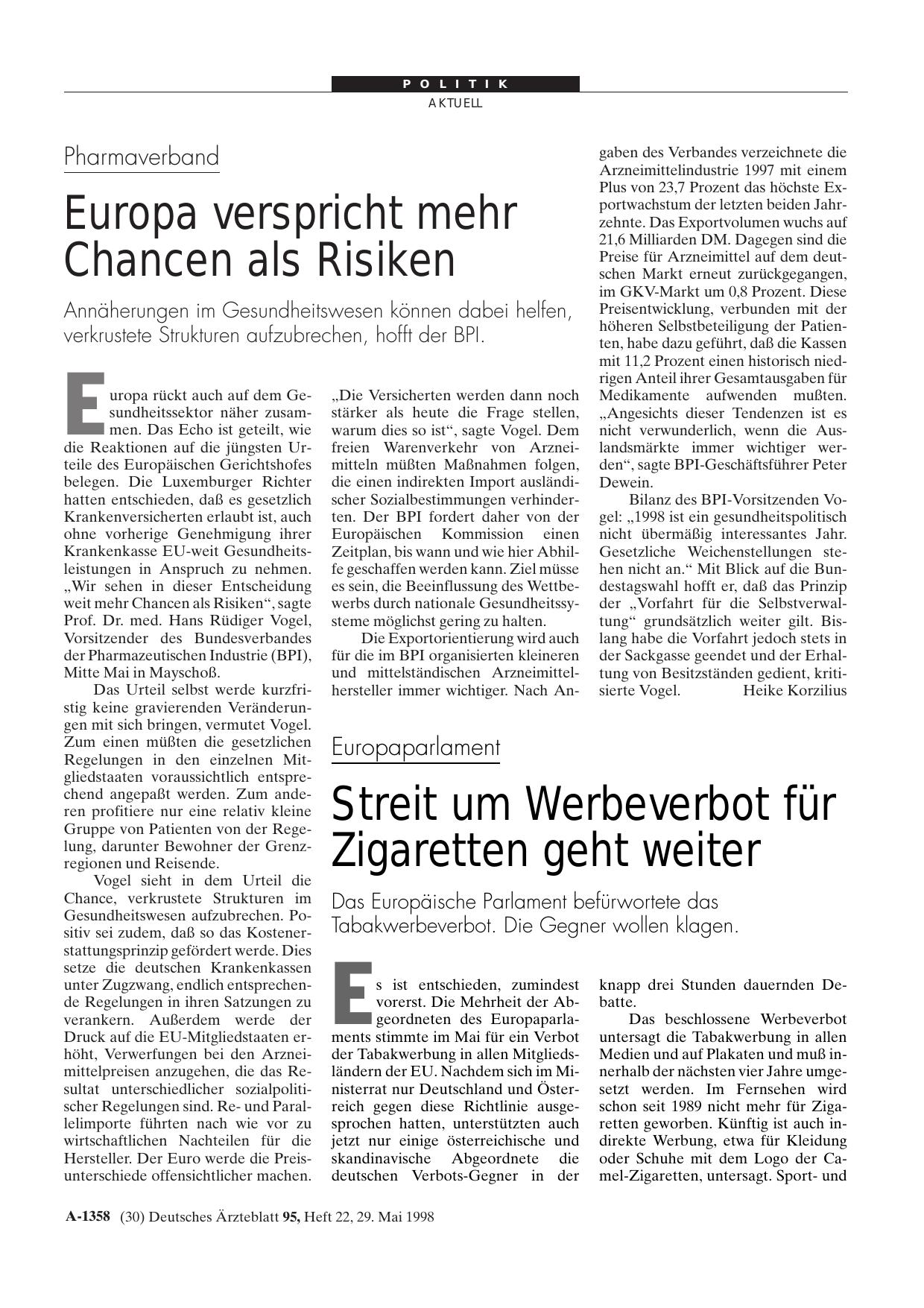Vorschauseite 1: Pharmaverband: Europa verspricht mehr Chancen als Risiken