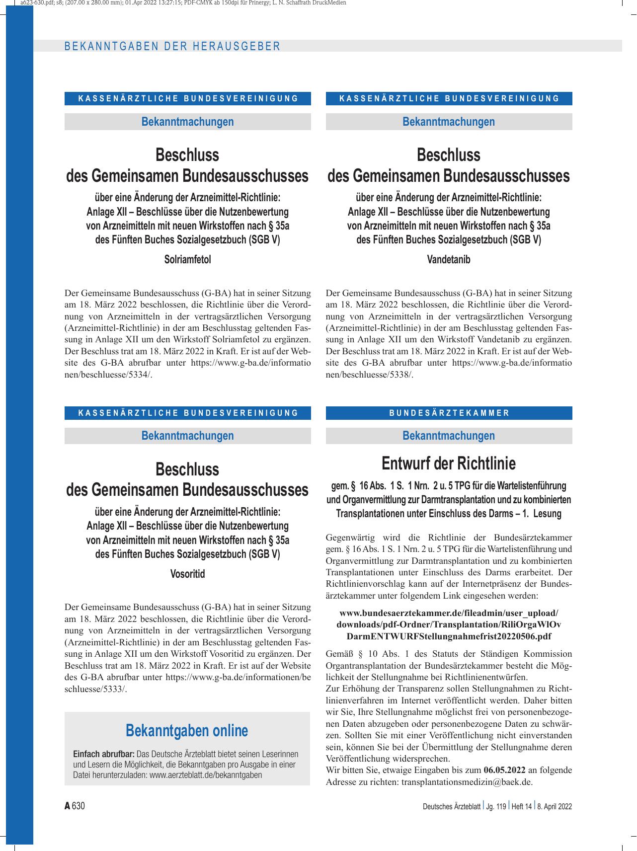 Vorschauseite 1: Beschluss des Gemeinsamen Bundesausschusses über eine Änderung der Arzneimittel-Richtlinie: Vosoritid