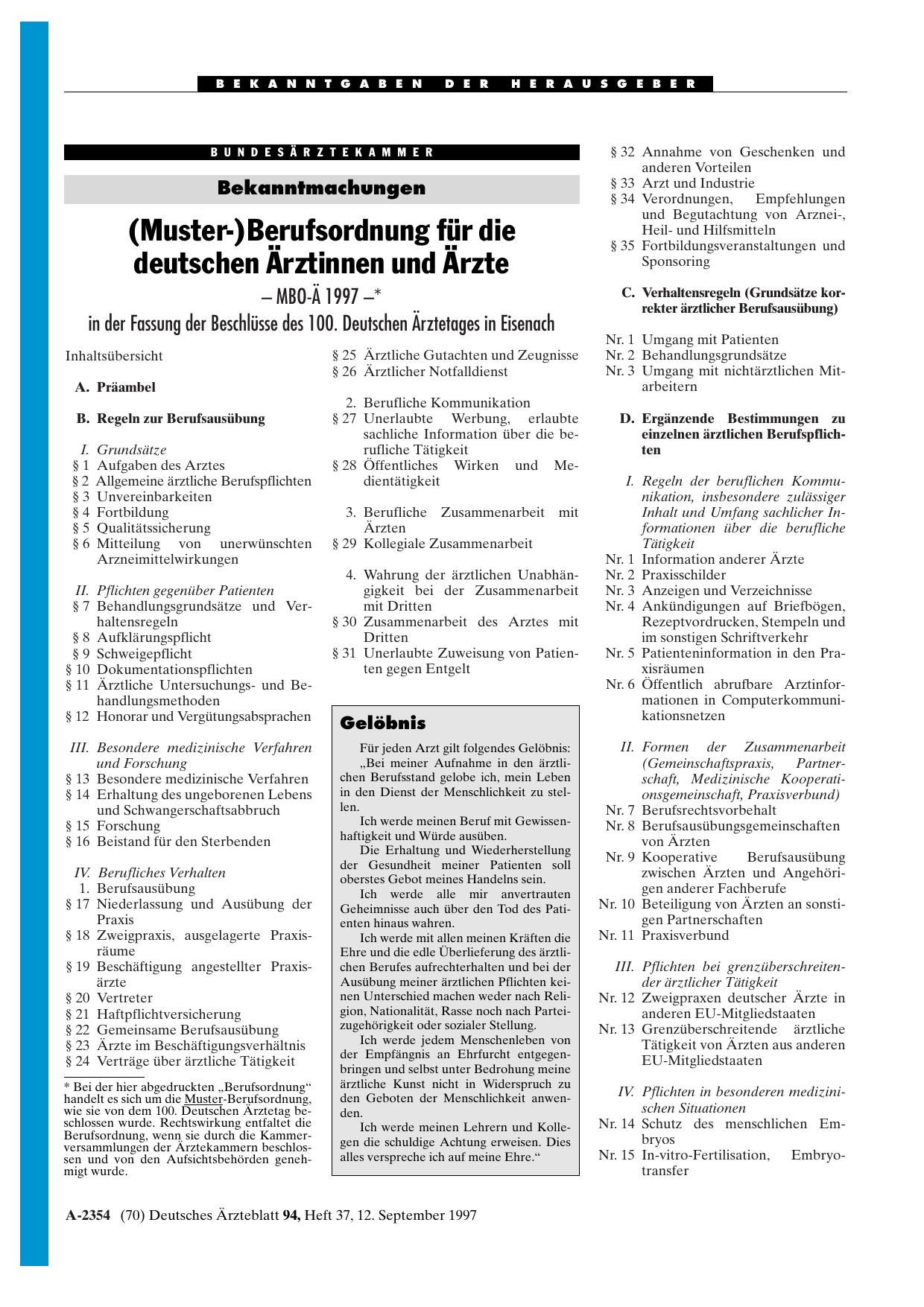 Vorschauseite 1: (Muster-)Berufsordnung für die deutschen Ärztinnen und Ärzte - MBO-Ä 1997 -* in der Fassung der Beschlüsse des 100. Deutschen Ärztetages in Eisenach
