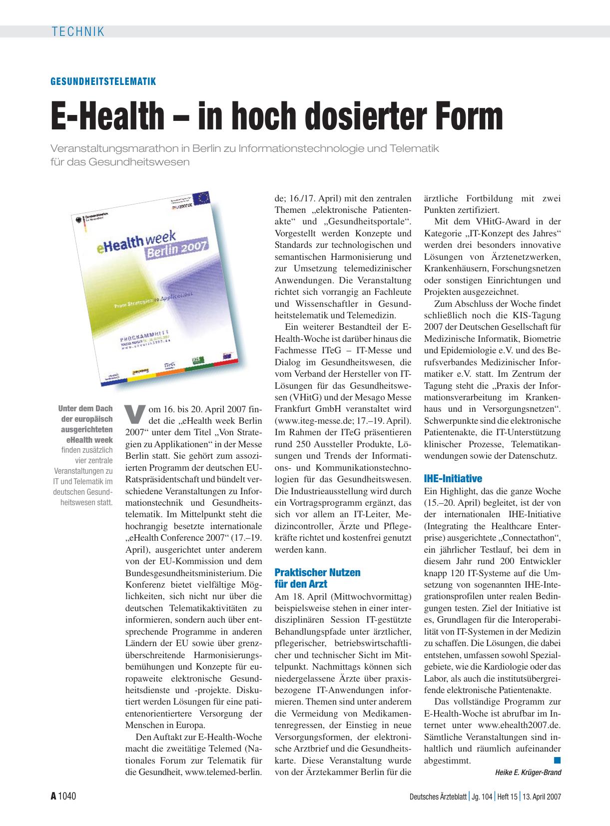 Vorschauseite 1: Gesundheitstelematik: E-Health – in hoch dosierter Form
