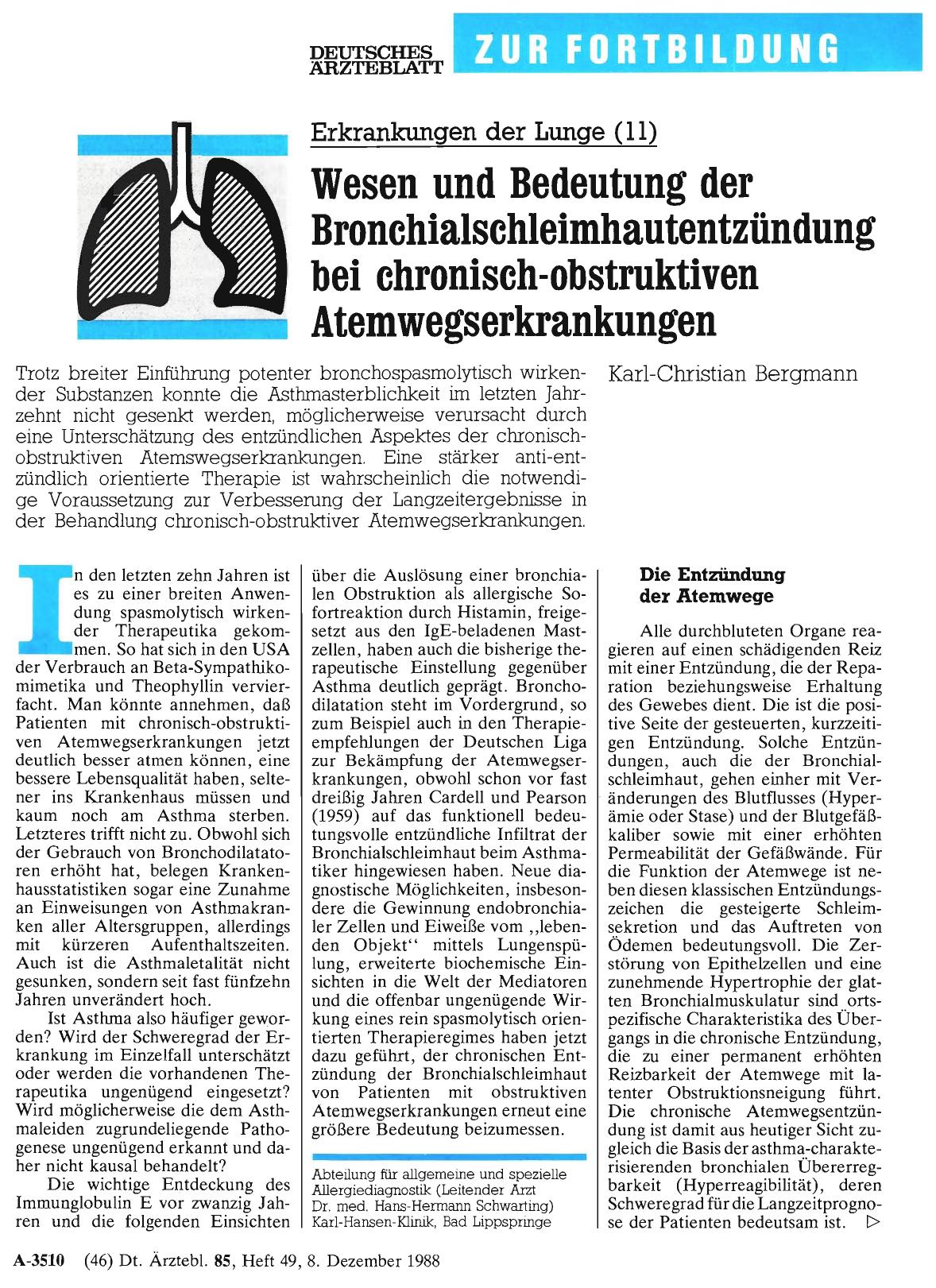 Vorschauseite 1: Erkrankungen der Lunge (11): Wesen und Bedeutung der Bronchialschleimhautentzündung bei chronisch-obstruktiven Atemwegserkrankungen