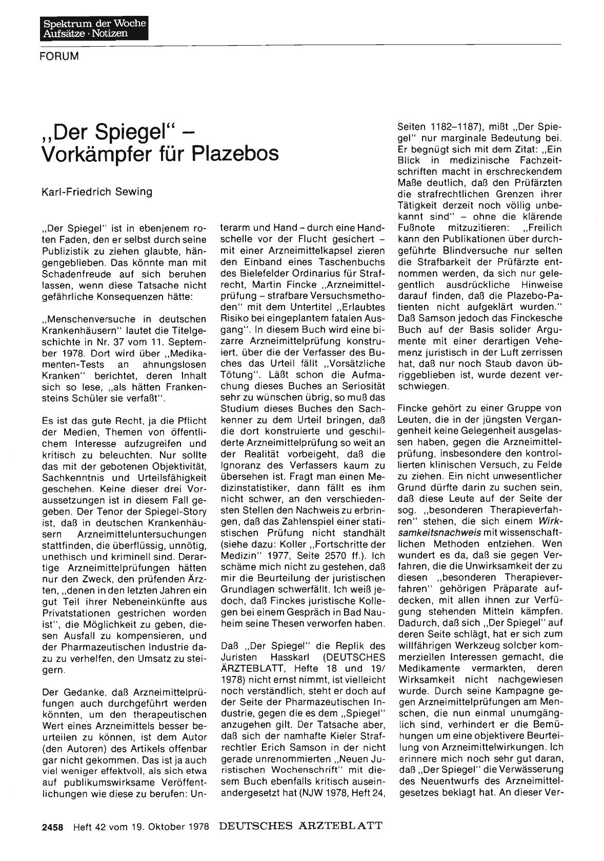 Vorschauseite 1: „Der Spiegel“ — Vorkämpfer für Plazebos