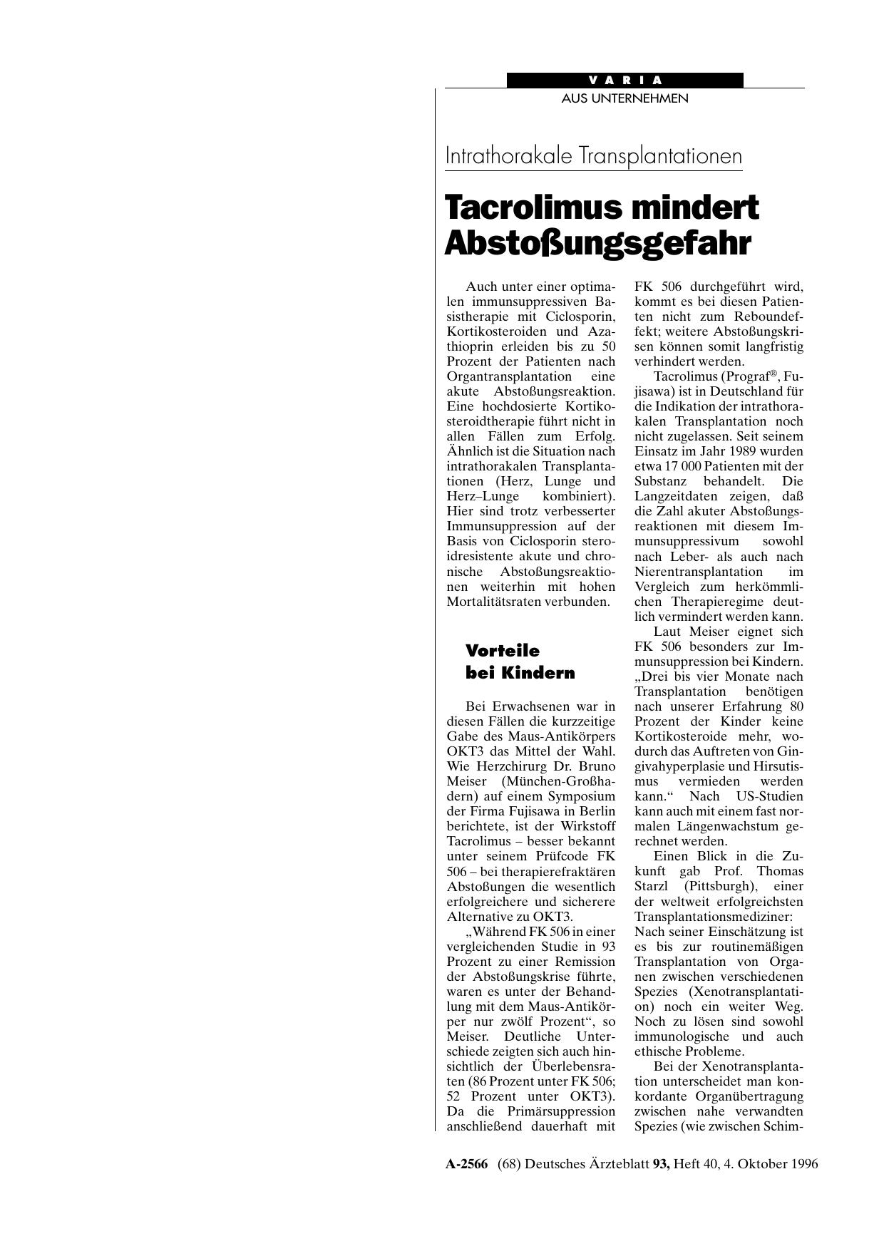 Vorschauseite 1: Intrathorakale Transplantationen: Tacrolimus mindert Abstoßungsgefahr