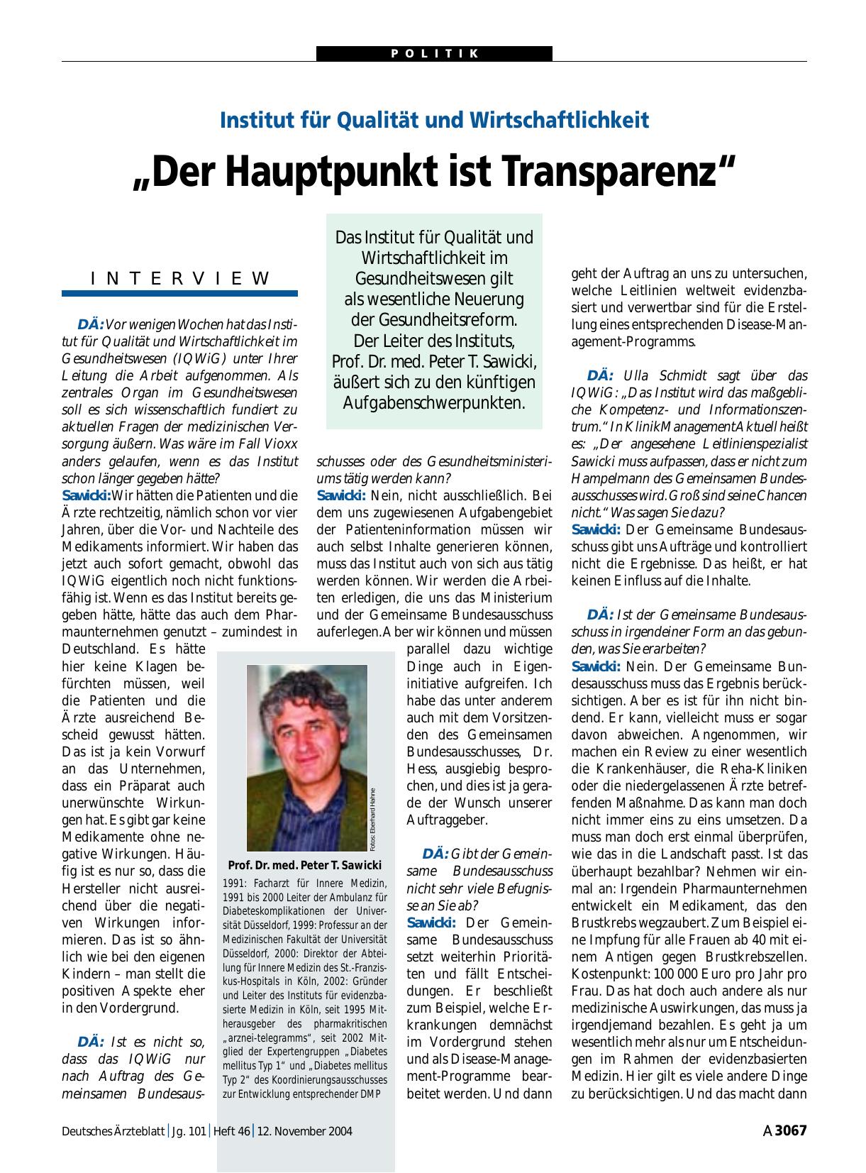 Vorschauseite 1: Institut für Qualität und Wirtschaftlichkeit: „Der Hauptpunkt ist Transparenz“