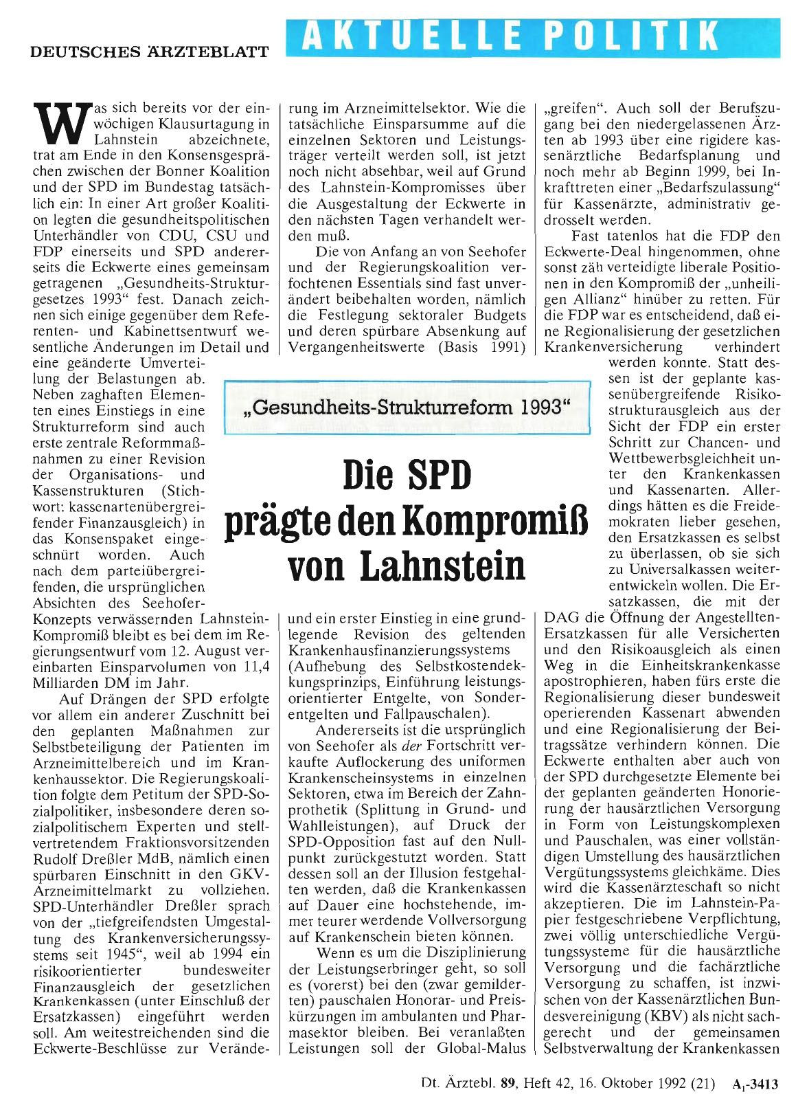 Vorschauseite 1: „Gesundheits-Strukturreforrn. 1993“: Die SPD prägte den Kompromiß von Lahnstein