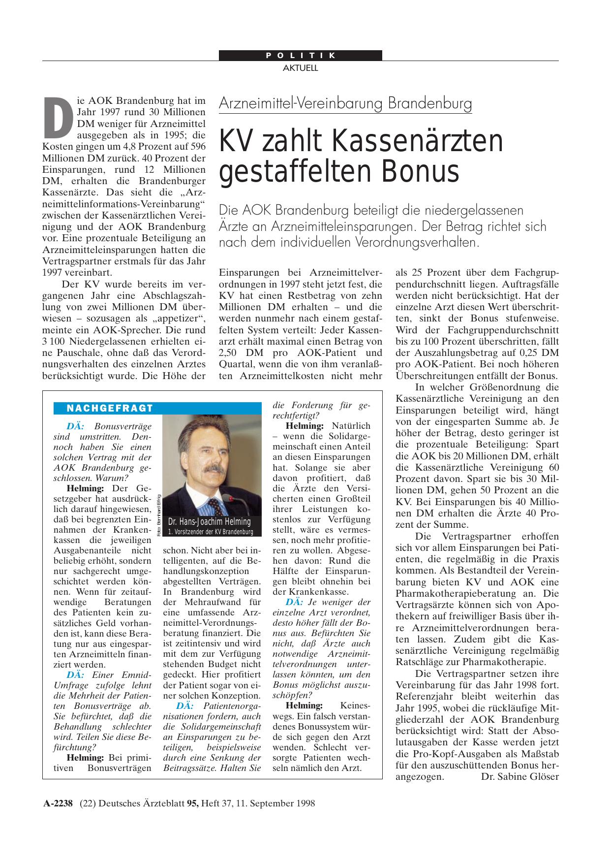 Vorschauseite 1: Arzneimittel-Vereinbarung Brandenburg: KV zahlt Kassenärzten gestaffelten Bonus
