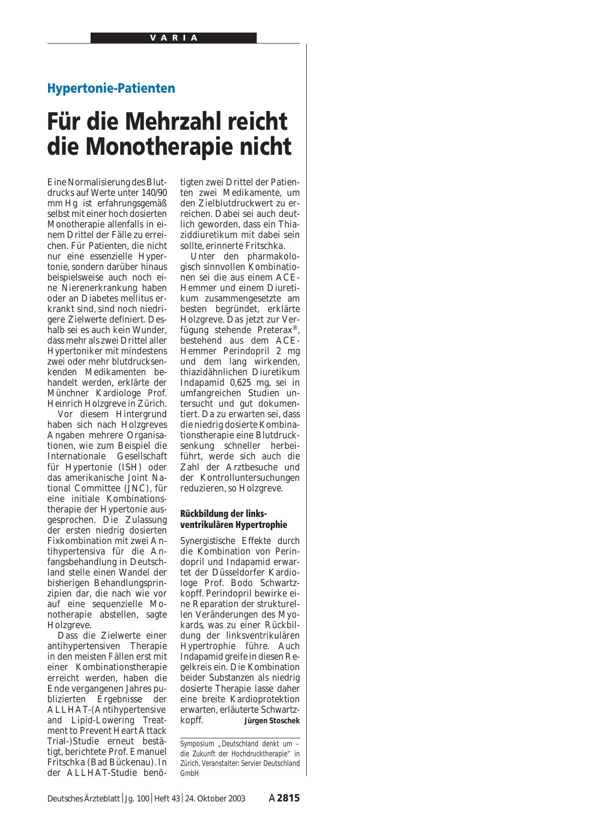Vorschauseite 1: Hypertonie-Patienten: Für die Mehrzahl reicht die Monotherapie nicht