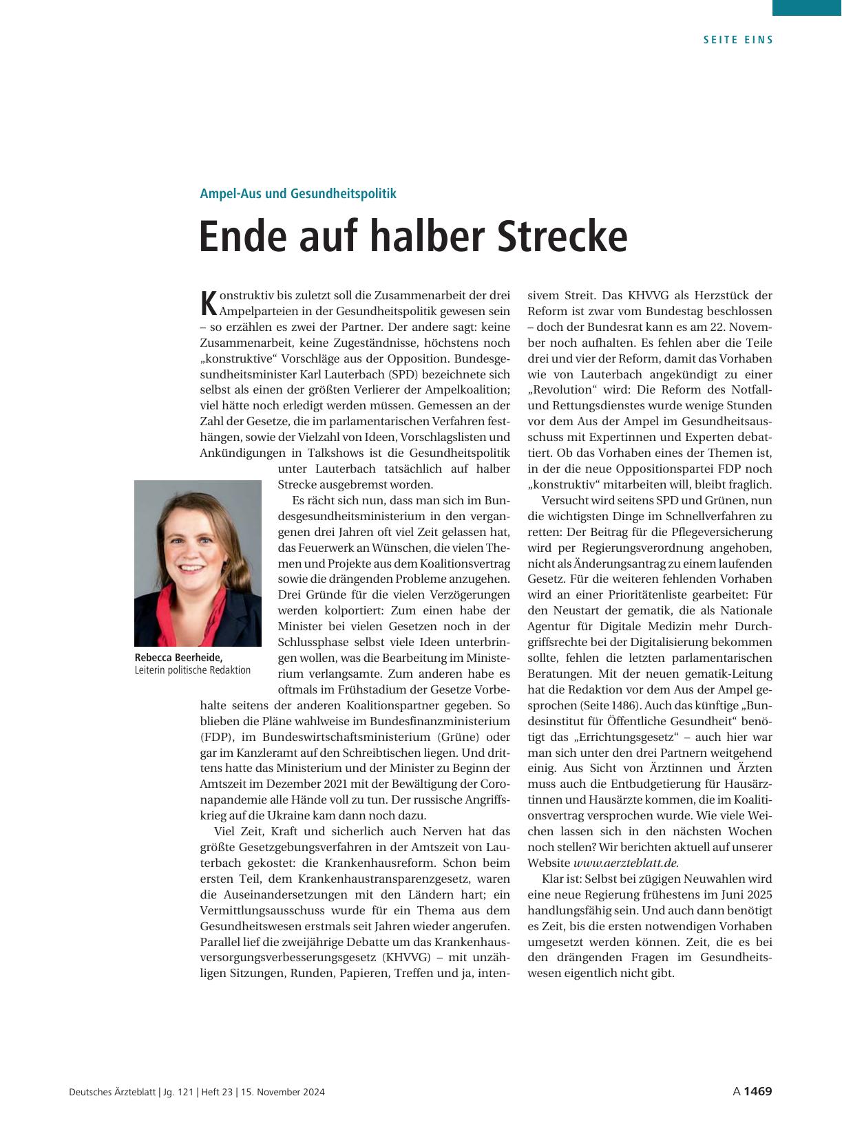 Vorschauseite 1: Ampel-Aus und Gesundheitspolitik: Ende auf halber Strecke