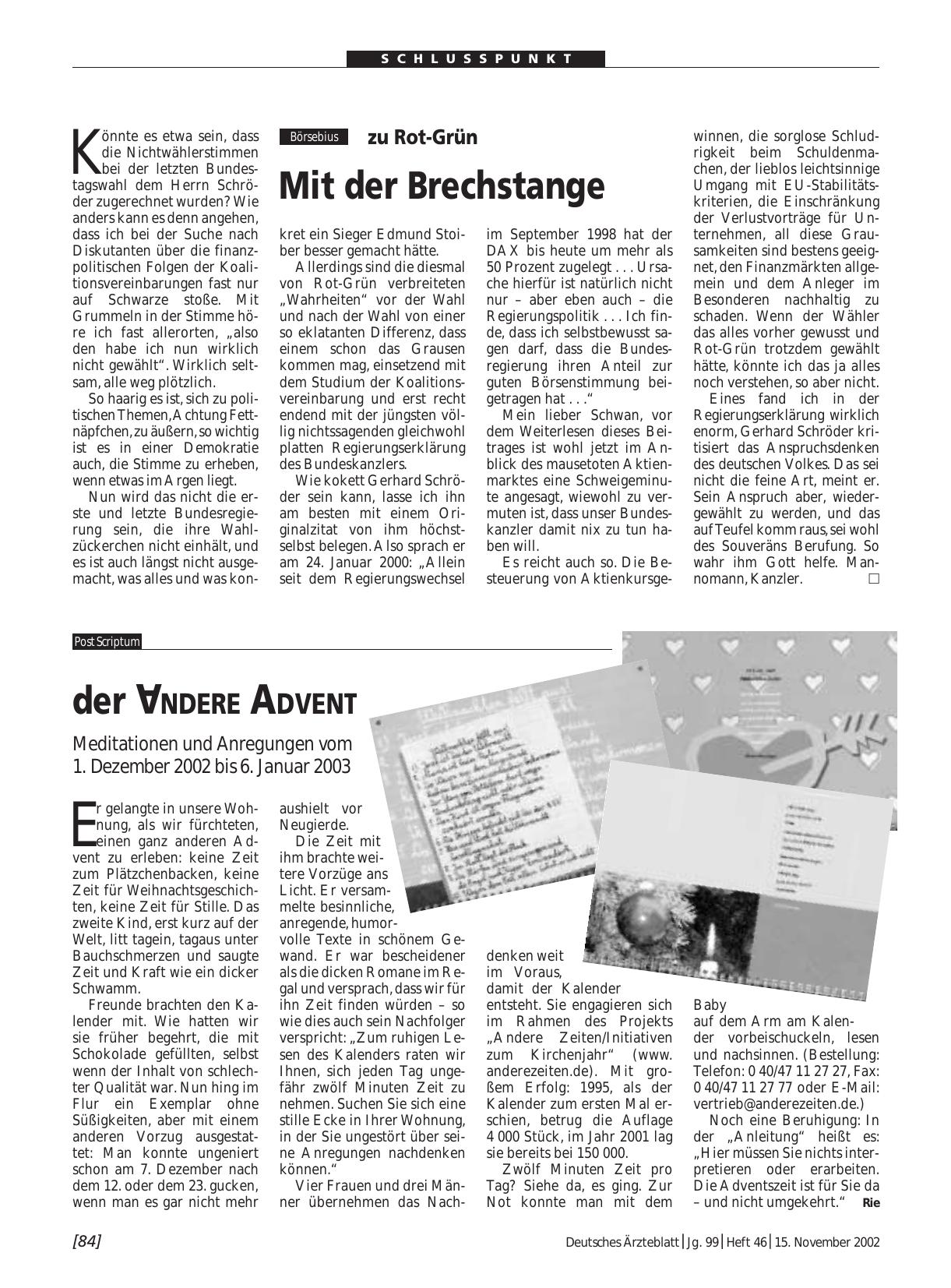 Vorschauseite 1: der Andere Advent: Meditationen und Anregungen vom 1. Dezember 2002 bis 6. Januar 2003