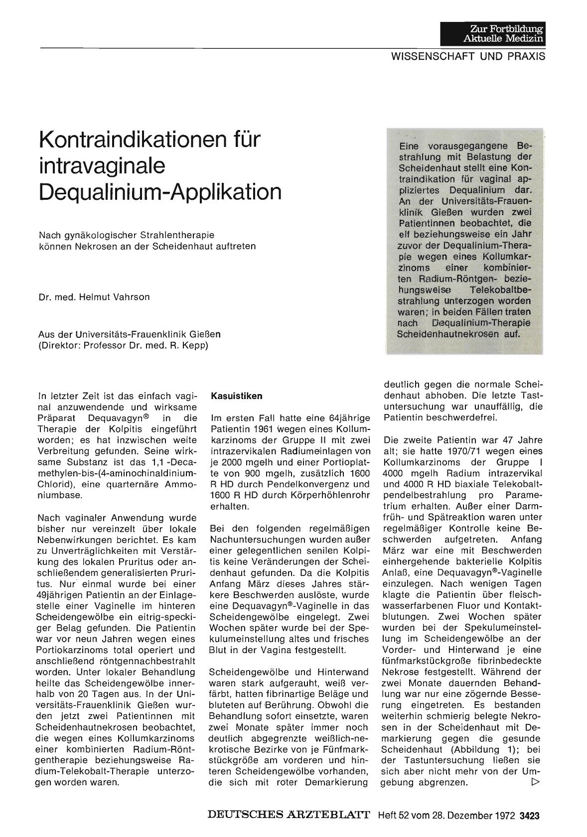 Vorschauseite 1: Kontraindikationen für intravaginale Dequalinium-Applikation