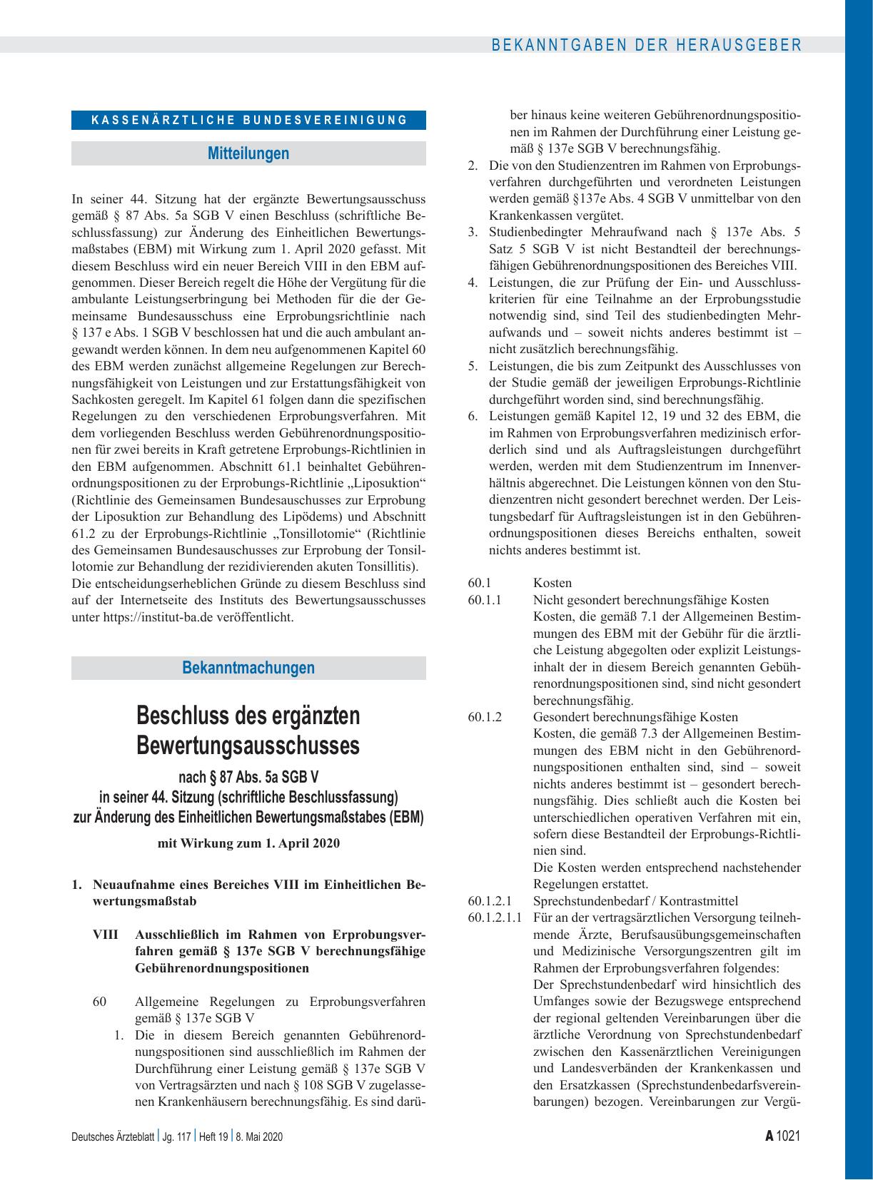 Vorschauseite 1: Beschluss des ergänzten Bewertungsausschusses nach § 87 Abs. 5a SGB V in seiner 44. Sitzung (schriftliche Beschlussfassung) zur Änderung des Einheitlichen Bewertungsmaßstabes (EBM)