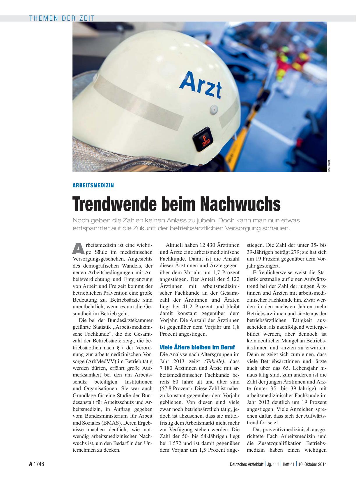 Vorschauseite 1: Arbeitsmedizin: Trendwende beim Nachwuchs