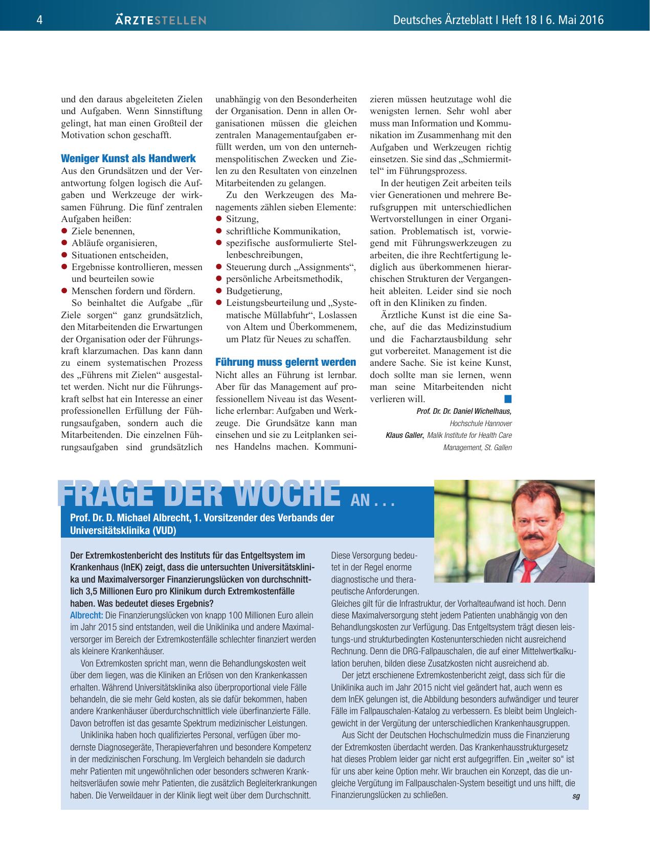 Vorschauseite 1: Frage der Woche an. .. Prof. Dr. D. Michael Albrecht, 1. Vorsitzender des Verbands der Universitätsklinika (VUD)