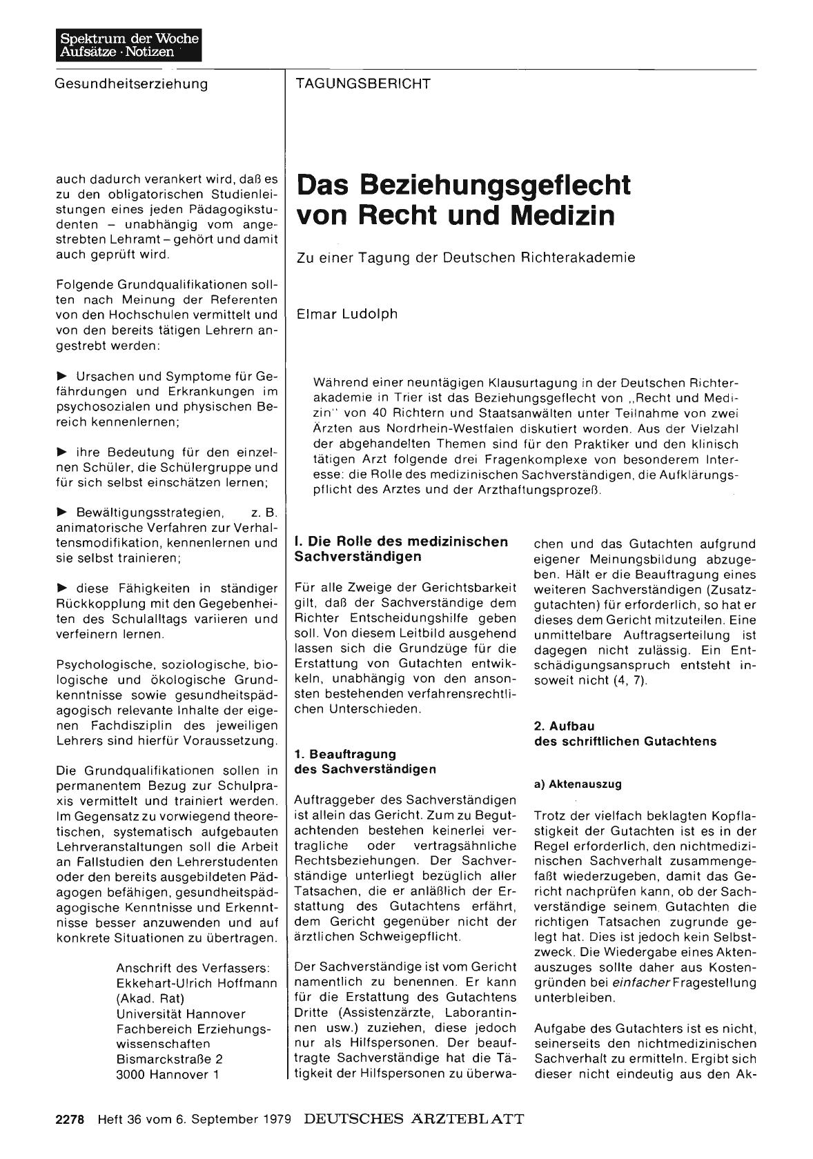 Vorschauseite 1: Das Beziehungsgeflecht von Recht und Medizin: Zu einer Tagung der Deutschen Richterakademie
