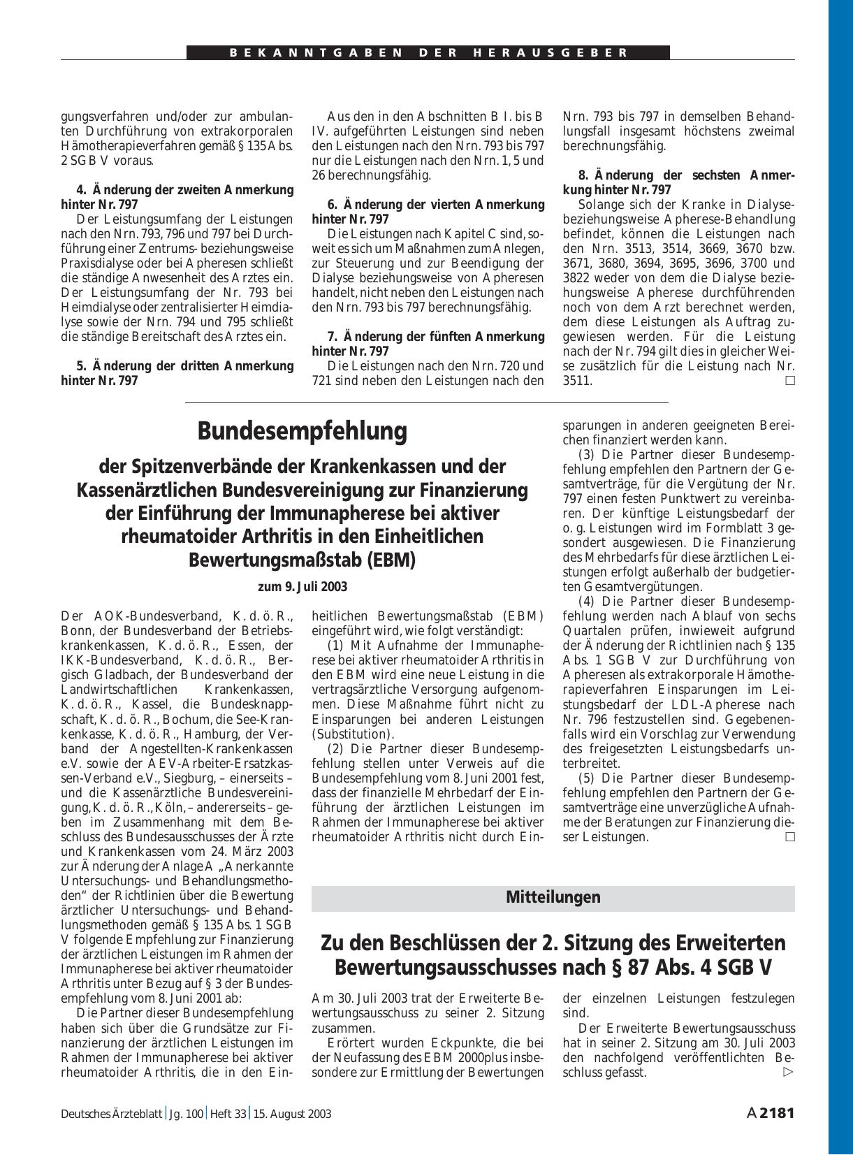 Vorschauseite 1: Mitteilungen: Zu den Beschlüssen der 2. Sitzung des Erweiterten Bewertungsausschusses nach § 87 Abs. 4 SGB V
