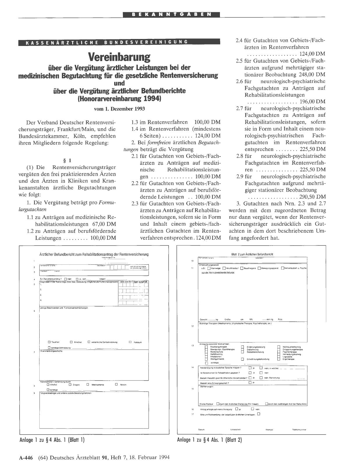 Vorschauseite 1: Vereinbarung über die Vergütung ärztlicher Leistungen bei der medizinischen Begutachtung für die gesetzliche Rentenversicherung und über die Vergütung ärztlicher Befundberichte (H…