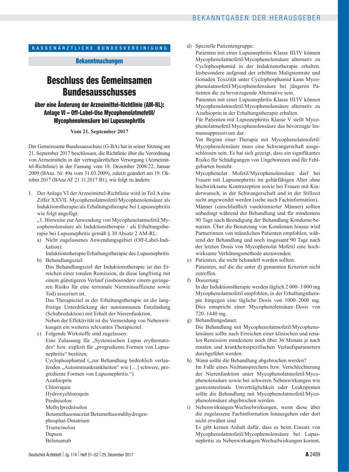 Vorschauseite 1: Beschluss des Gemeinsamen Bundesausschusses über eine Änderung der Arzneimittel-Richtlinie (AM-RL): Anlage VI – Off-Label-Use Mycophenolatmofetil/ Mycophenolensäure bei Lupusnephr…