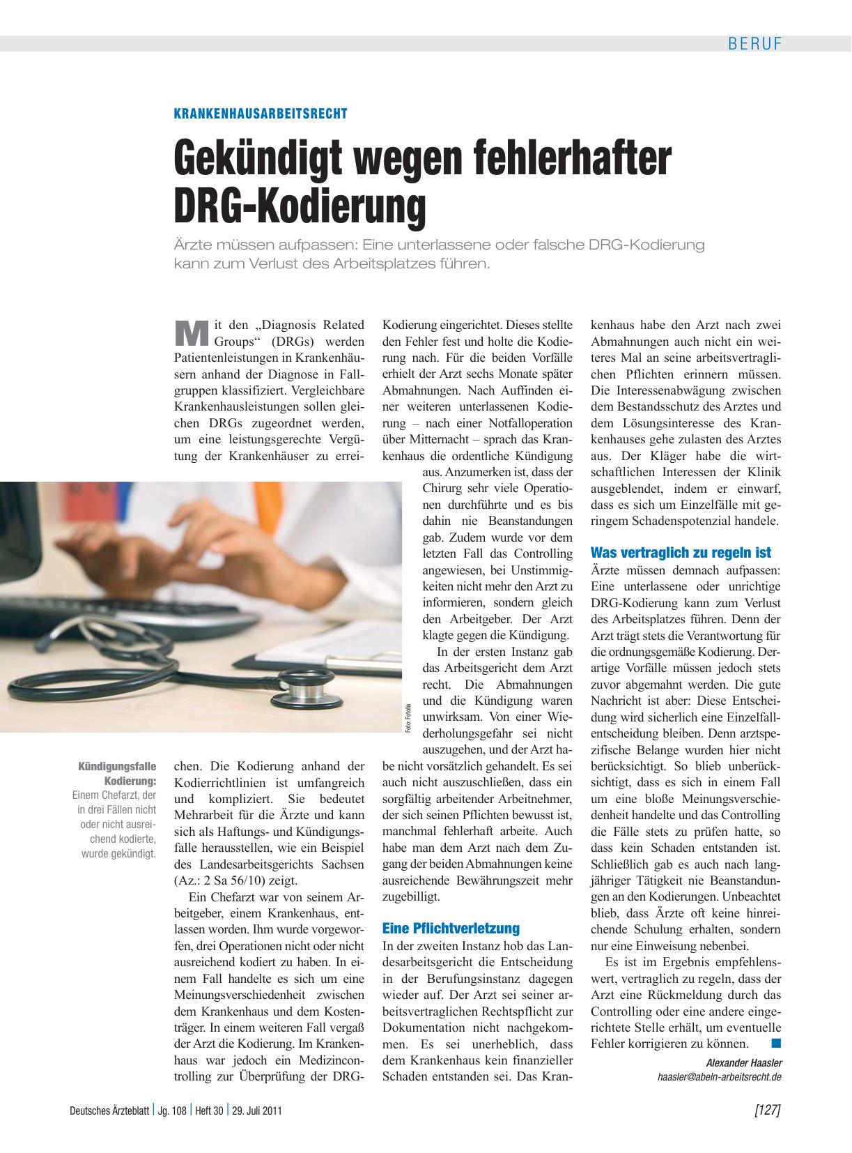 Vorschauseite 1: Krankenhausarbeitsrecht: Gekündigt wegen fehlerhafter DRG-Kodierung