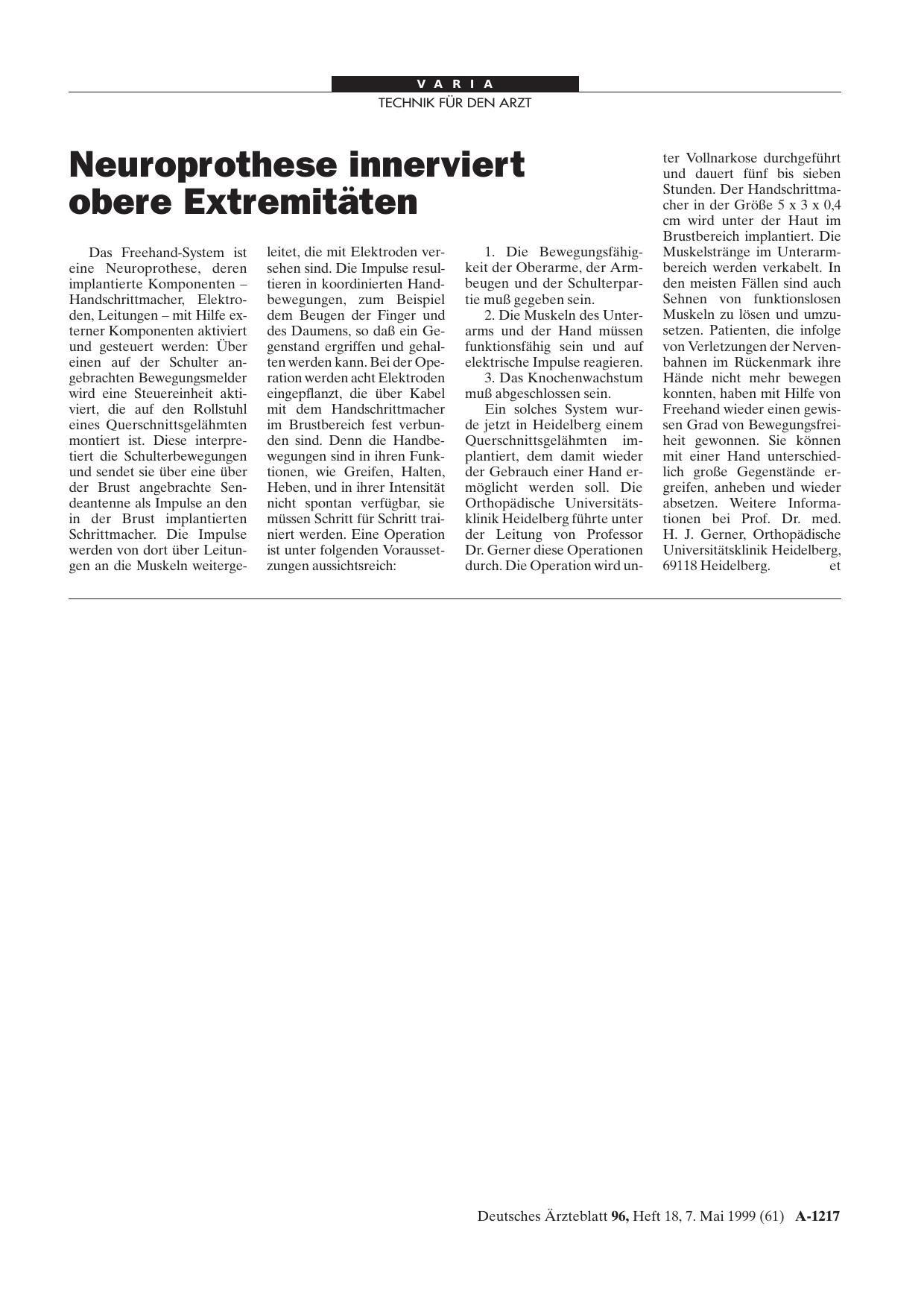 Vorschauseite 1: Neuroprothese innerviert obere Extremitäten