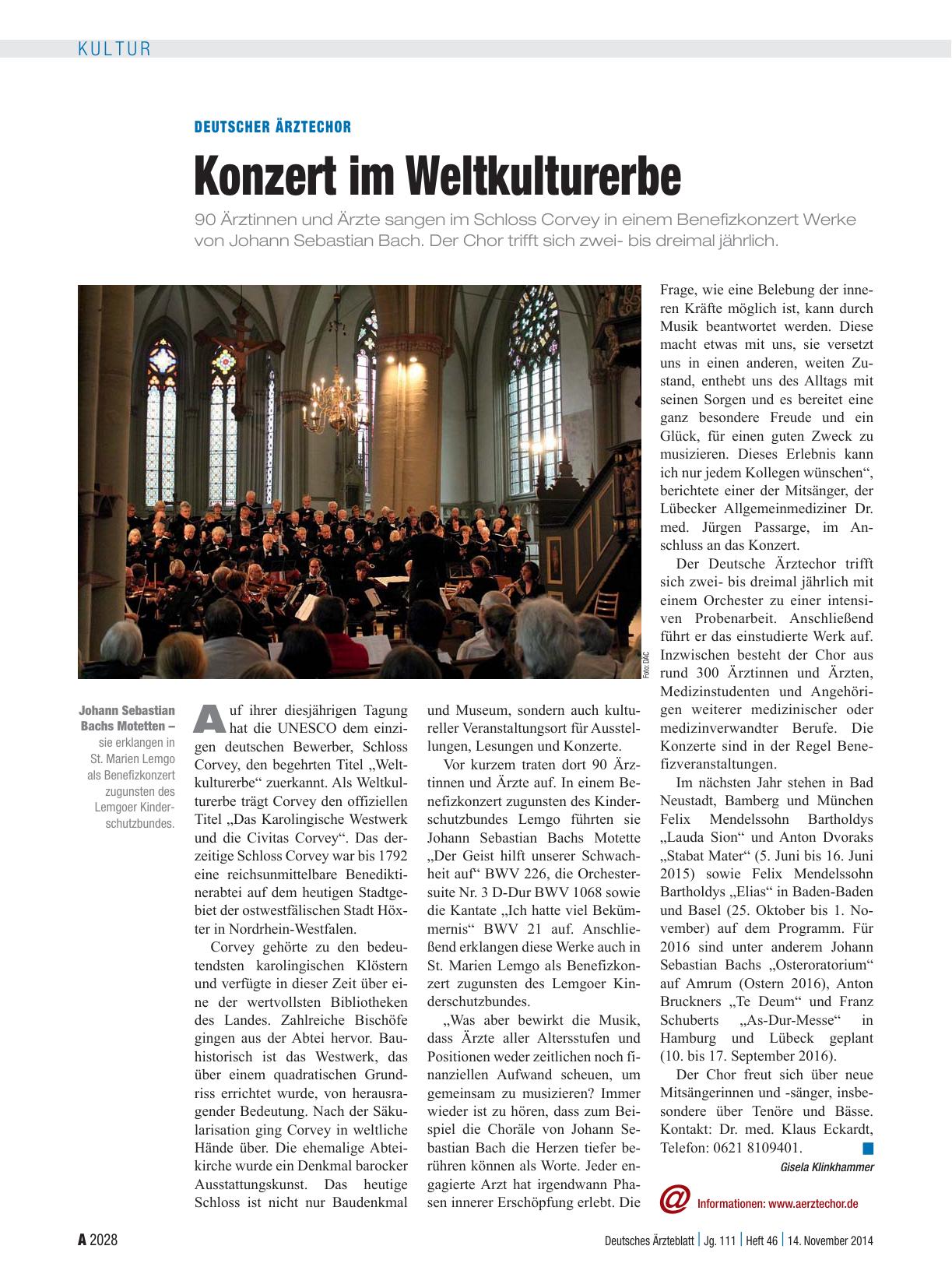 Vorschauseite 1: Deutscher Ärztechor: Konzert im Weltkulturerbe