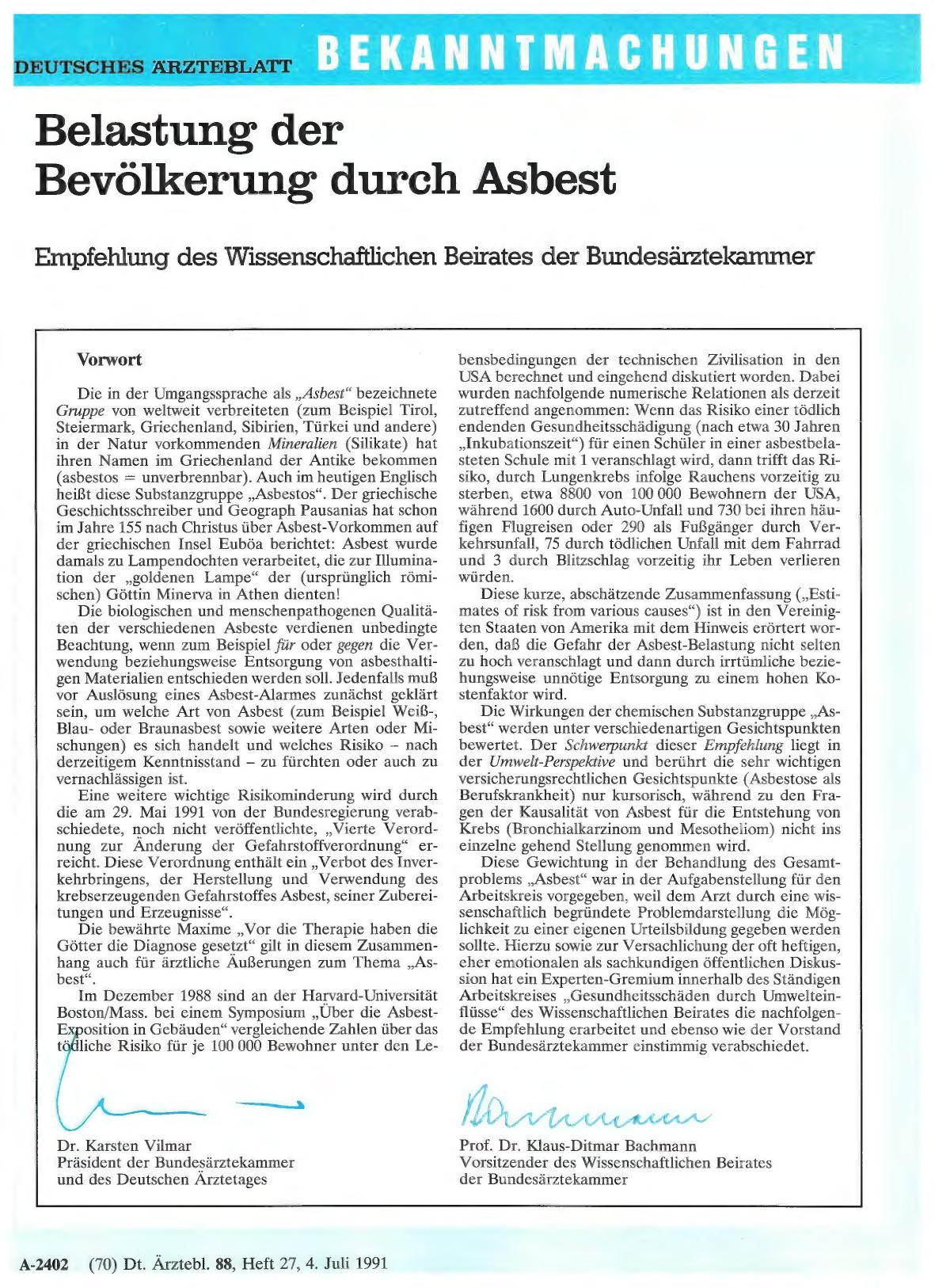 Vorschauseite 1: Belastung der Bevölkerung durch Asbest