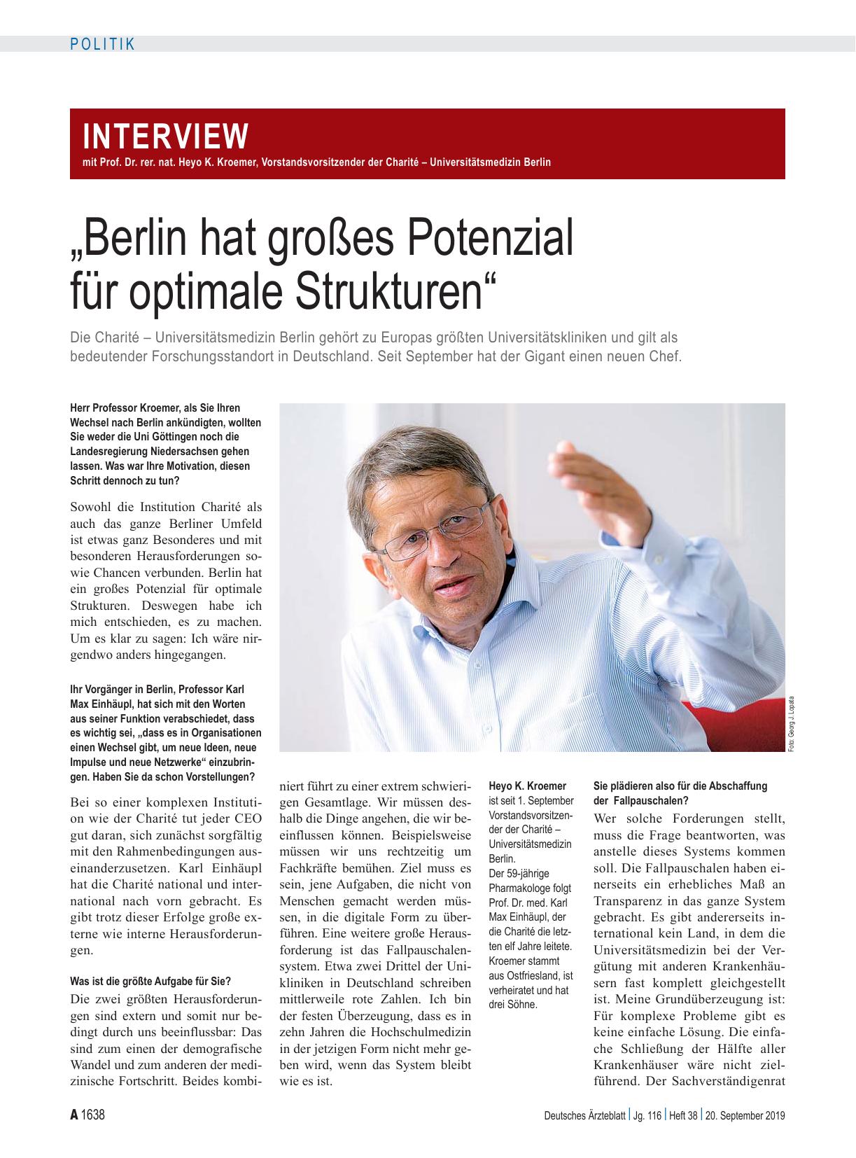 Vorschauseite 1: Interview mit Prof. Dr. rer. nat. Heyo K. Kroemer, Vorstandsvorsitzender der Charité – Universitätsmedizin Berlin: „Berlin hat großes Potenzial für optimale Strukturen“