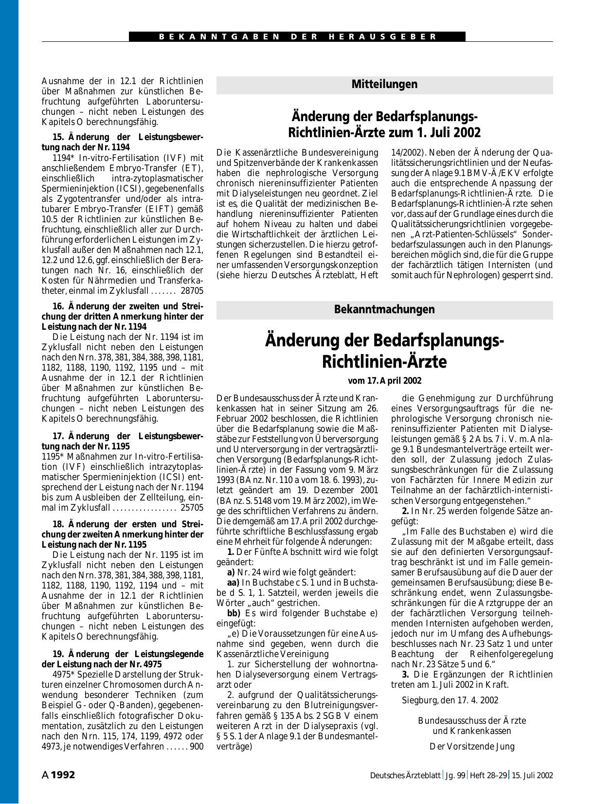 Vorschauseite 1: Bekanntmachungen: Änderung der Bedarfsplanungs-Richtlinien-Ärzte vom 17. April 2002