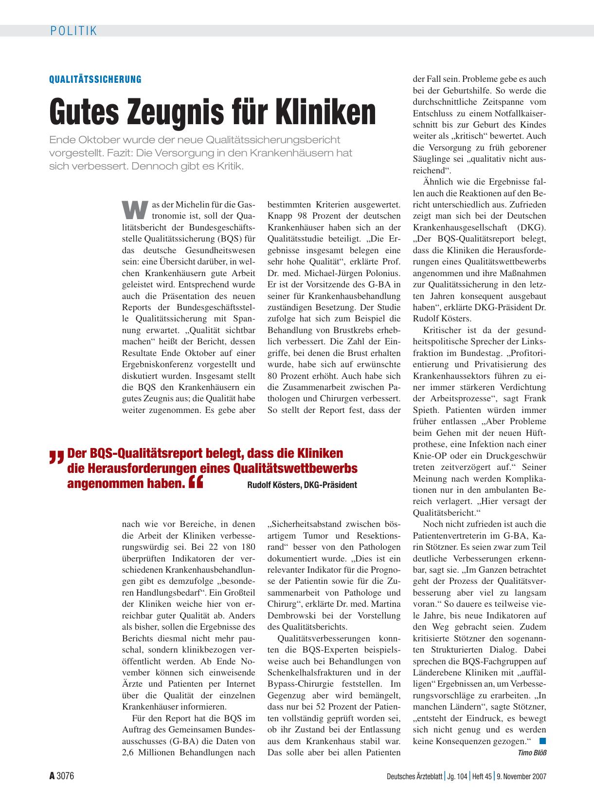 Vorschauseite 1: Qualitätssicherung: Gutes Zeugnis für Kliniken