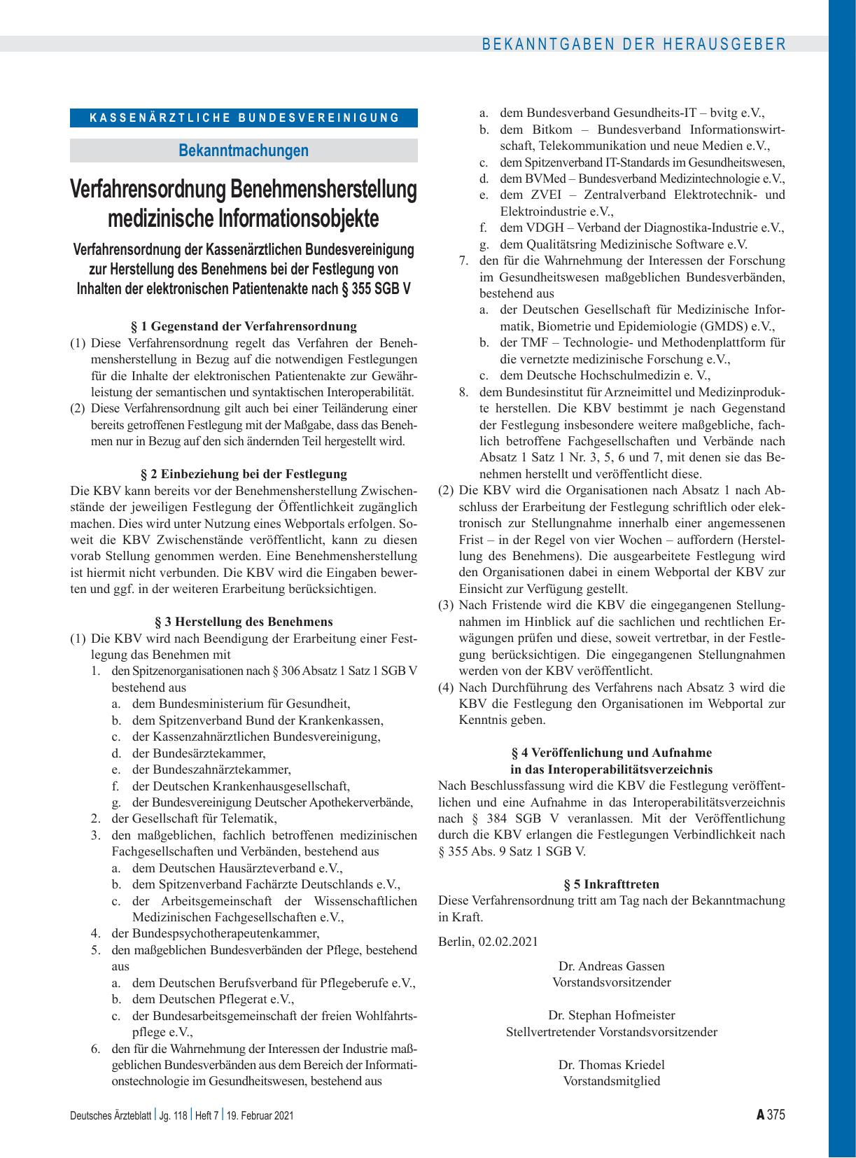 Vorschauseite 1: Verfahrensordnung der Kassenärztlichen Bundesvereinigung zur Herstellung des Benehmens bei der Festlegung von Inhalten der elektronischen Patientenakte nach § 355 SGB V