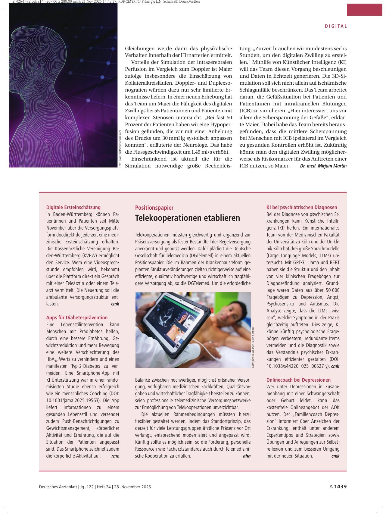 Vorschauseite 1: KI bei psychiatrischen Diagnosen / Onlinecoach bei Depressionen