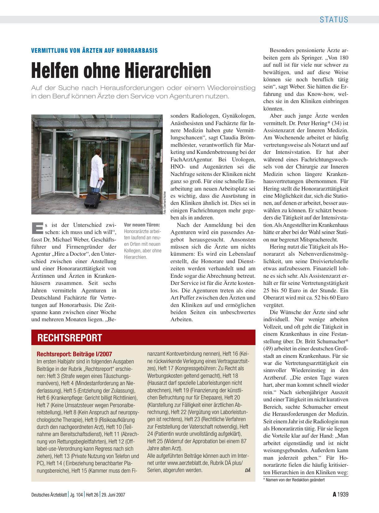 Vorschauseite 1: Vermittlung von Ärzten auf Honorarbasis: Helfen ohne Hierarchien