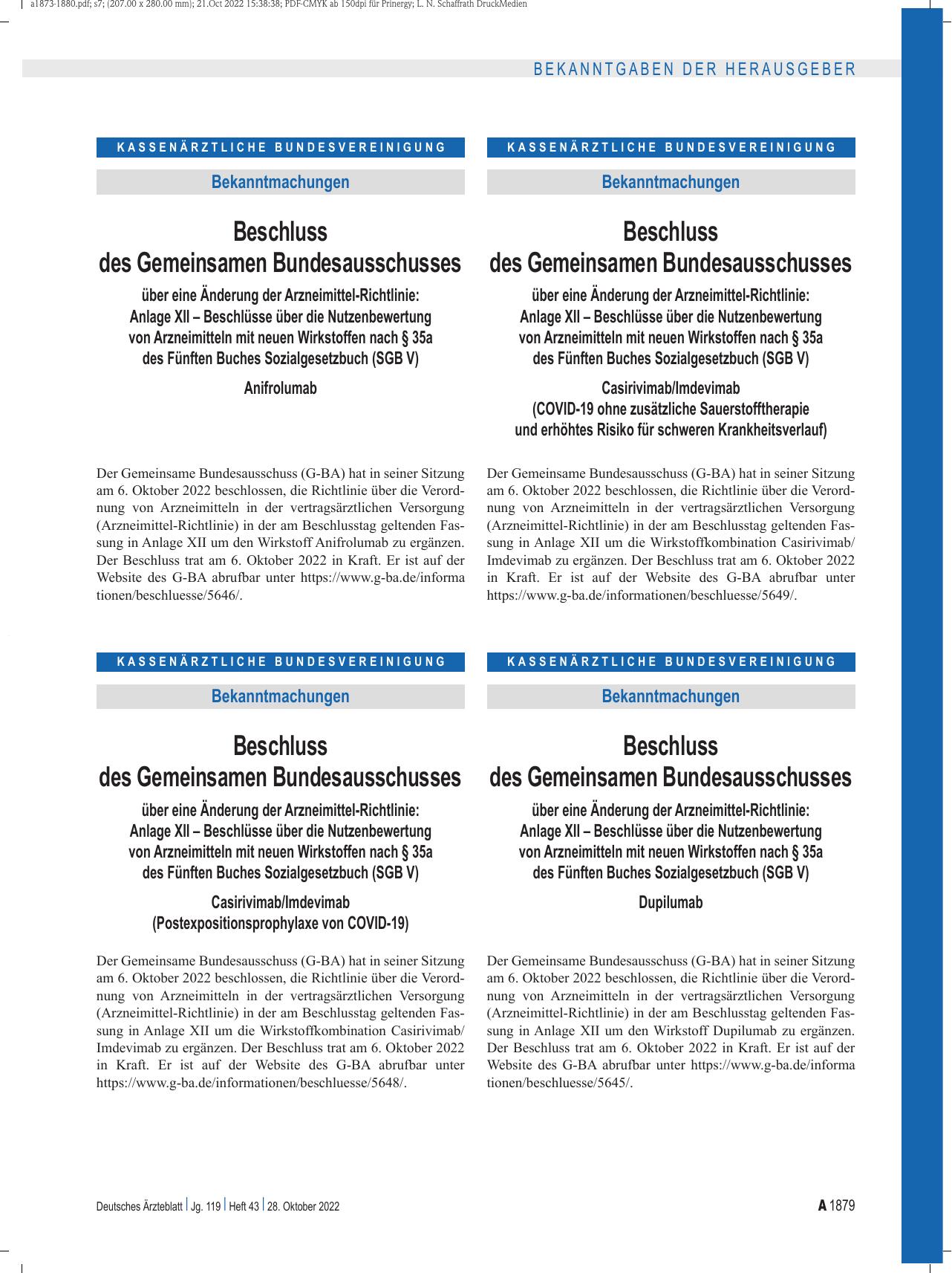 Vorschauseite 1: Beschluss des Gemeinsamen Bundesausschusses über eine Änderung der Arzneimittel-Richtlinie: Anlage XII – Casirivimab/Imdevimab (COVID-19 ohne zusätzliche Sauerstofftherapie und er…