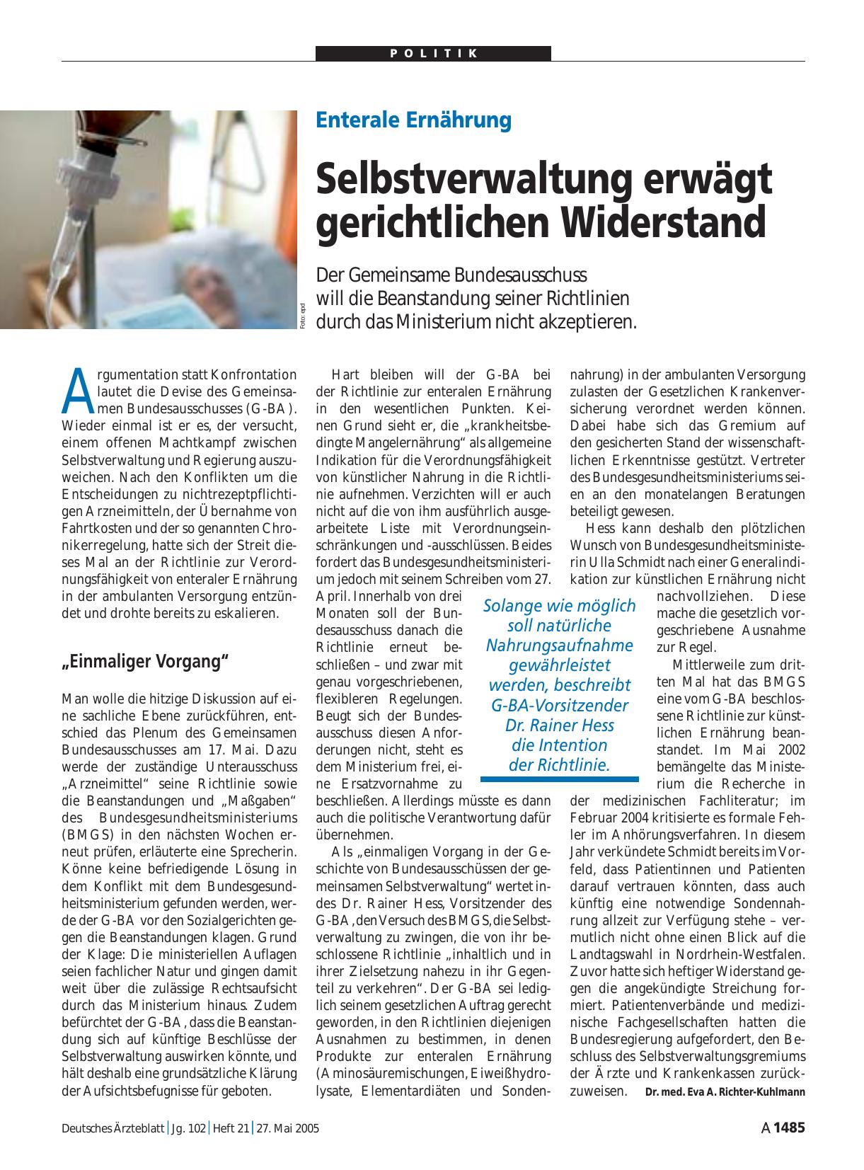 Vorschauseite 1: Enterale Ernährung: Selbstverwaltung erwägt gerichtlichen Widerstand