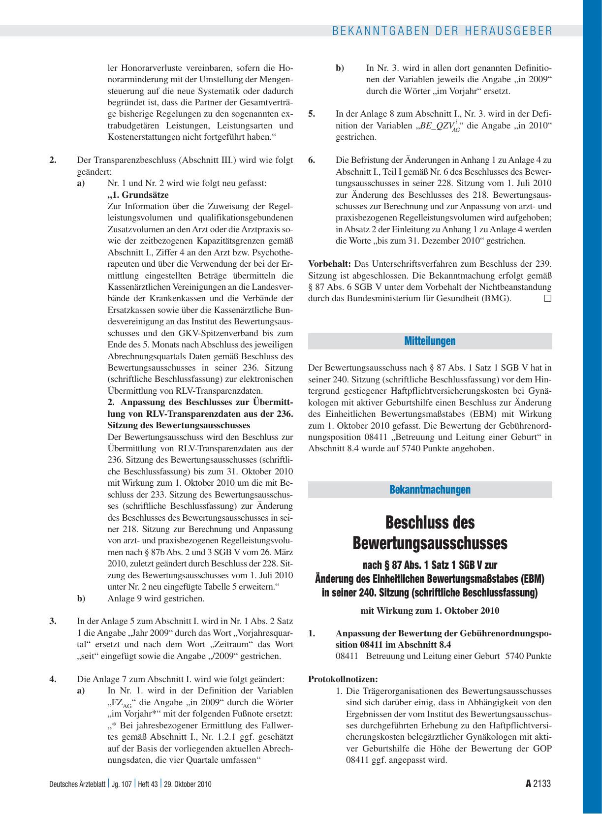 Vorschauseite 1: Beschluss des Bewertungsausschusses nach § 87 Abs. 1 Satz 1 SGB V zur Änderung des Einheitlichen Bewertungsmaßstabes (EBM) in seiner 240. Sitzung (schriftliche Beschlussfassung)