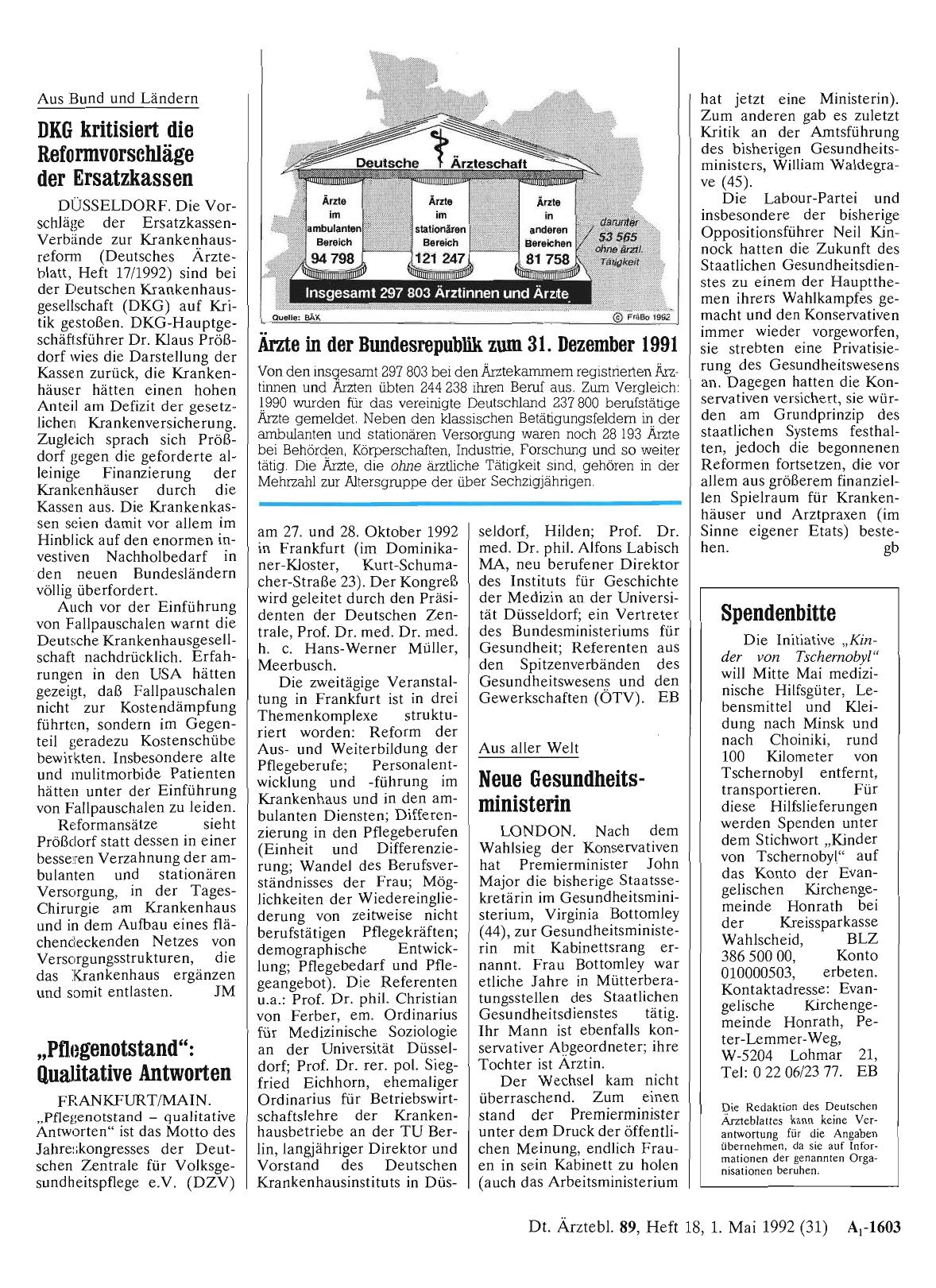 Vorschauseite 1: Ärzte in der Bundesrepublik zum 31. Dezember 1991