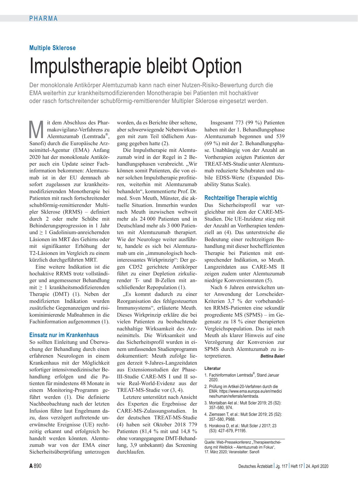 Vorschauseite 1: Multiple Sklerose: Impulstherapie bleibt Option