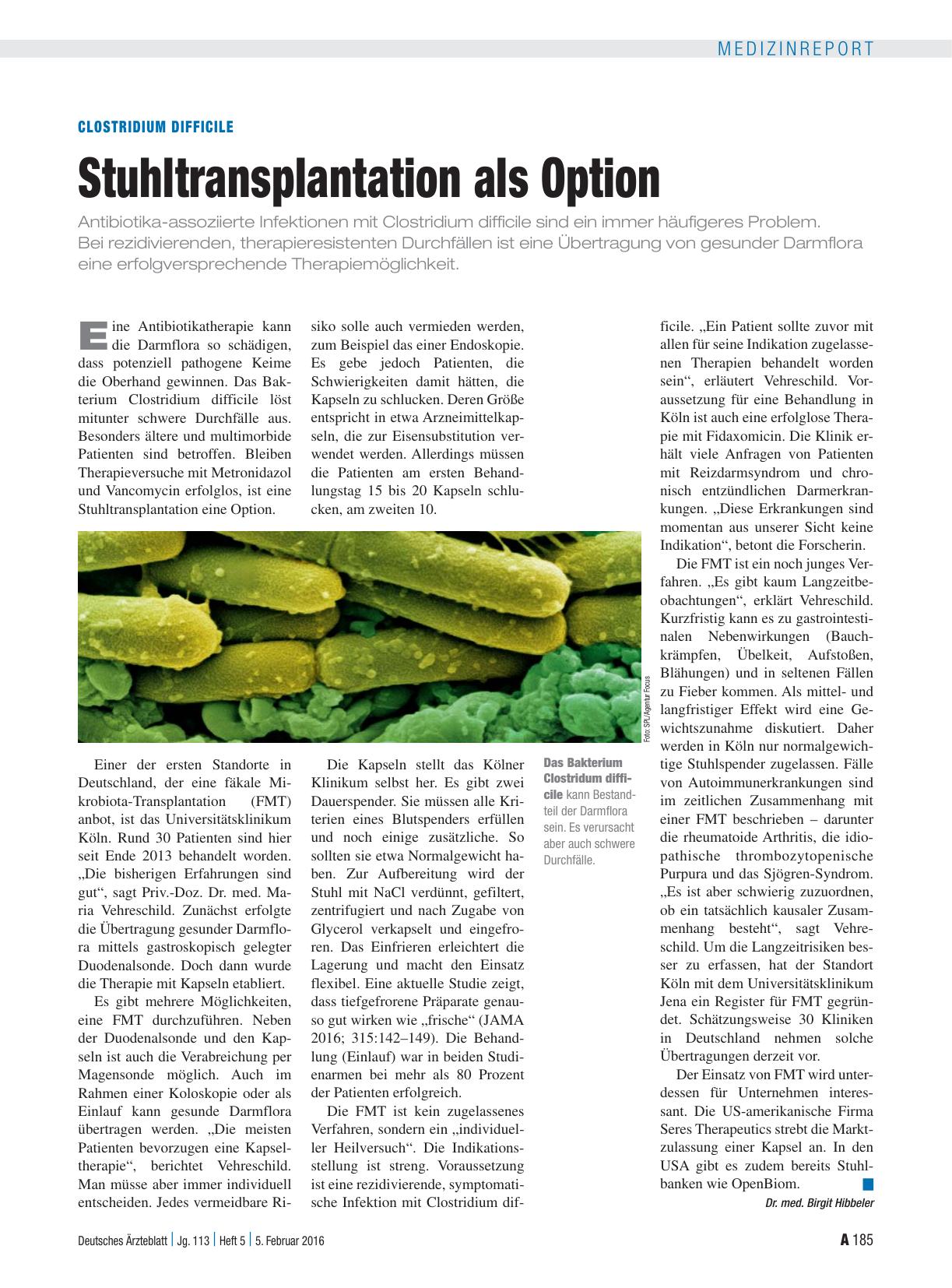 Vorschauseite 1: Clostridium Difficile: Stuhltransplantation als Option