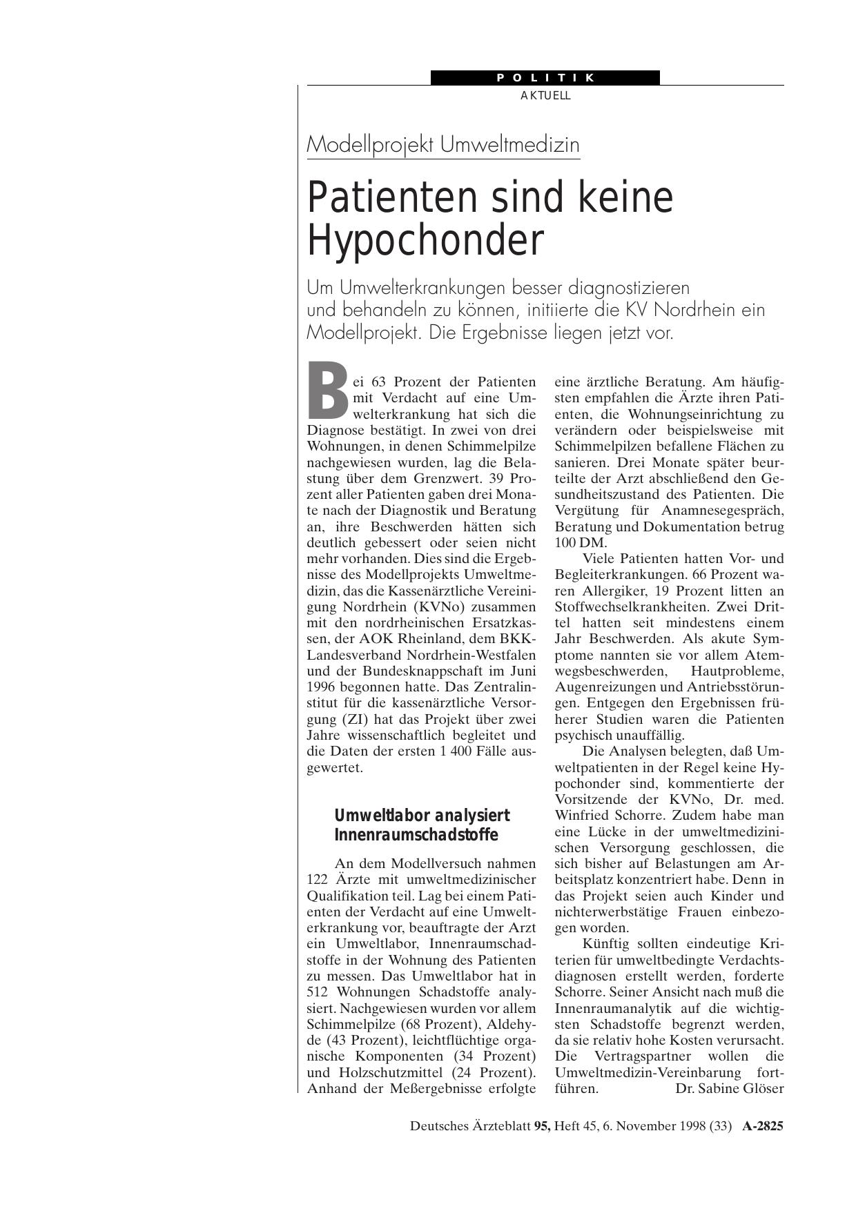 Vorschauseite 1: Modellprojekt Umweltmedizin: Patienten sind keine Hypochonder