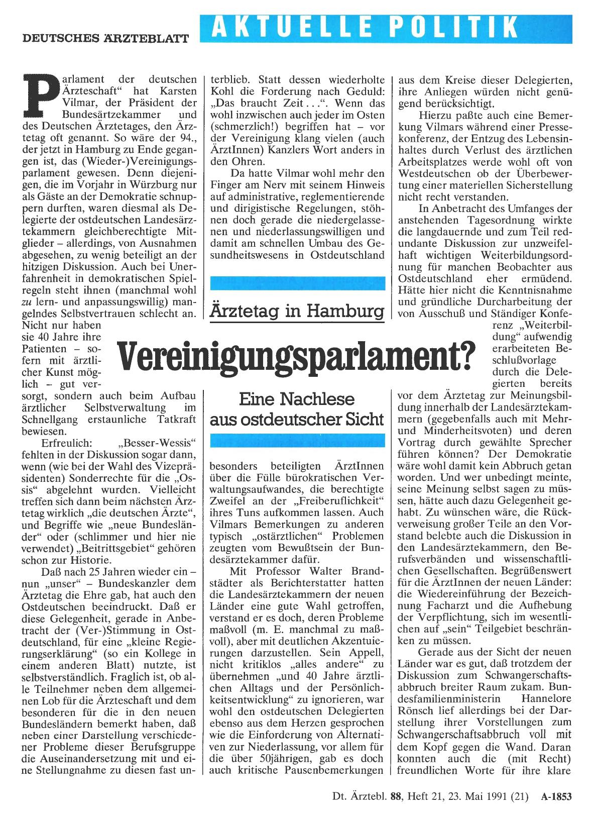Vorschauseite 1: Ärztetag in Hamburg: Vereinigungsparlament? Eine Nachlese aus ostdeutscher Sicht
