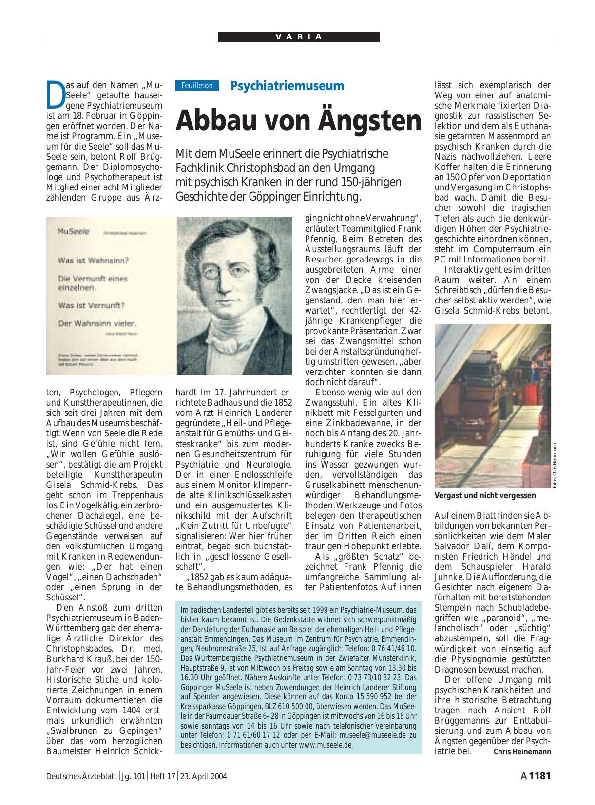 Vorschauseite 1: Psychiatriemuseum: Abbau von Ängsten