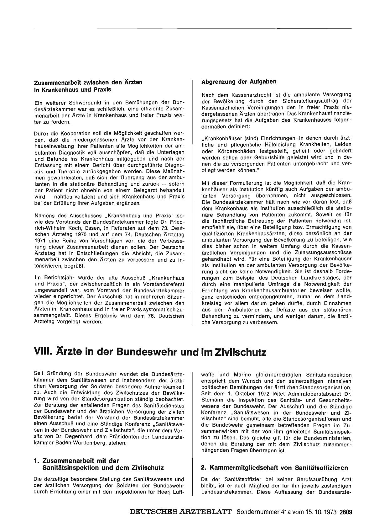 Vorschauseite 1: Bericht über das Jahr 1972/73: E. Der Arzt im Beruf: VIII. Ärzte in der Bundeswehr und im Zivilschutz