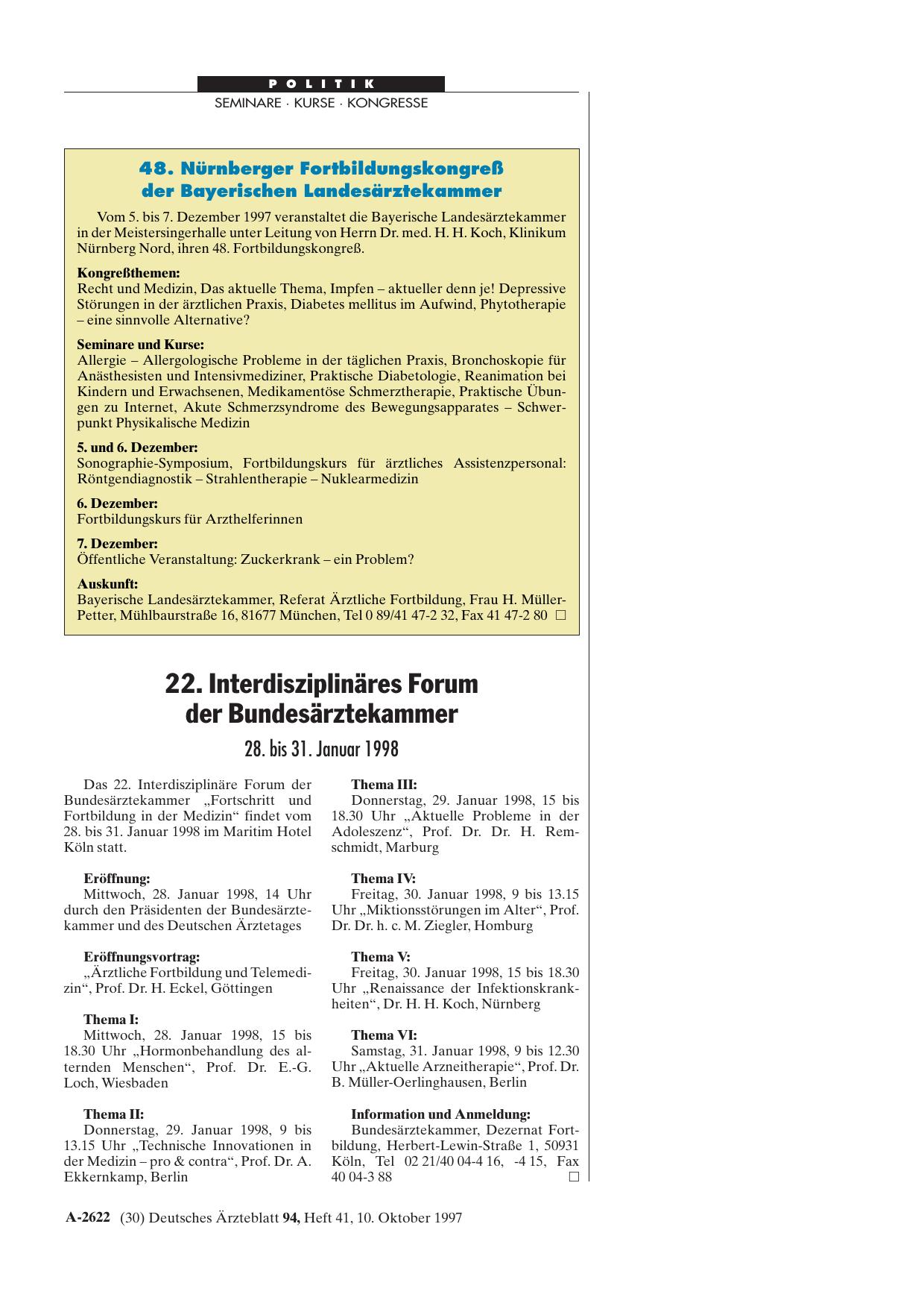Vorschauseite 1: 48. Nürnberger Fortbildungskongreß: der Bayerischen Landesärztekammer