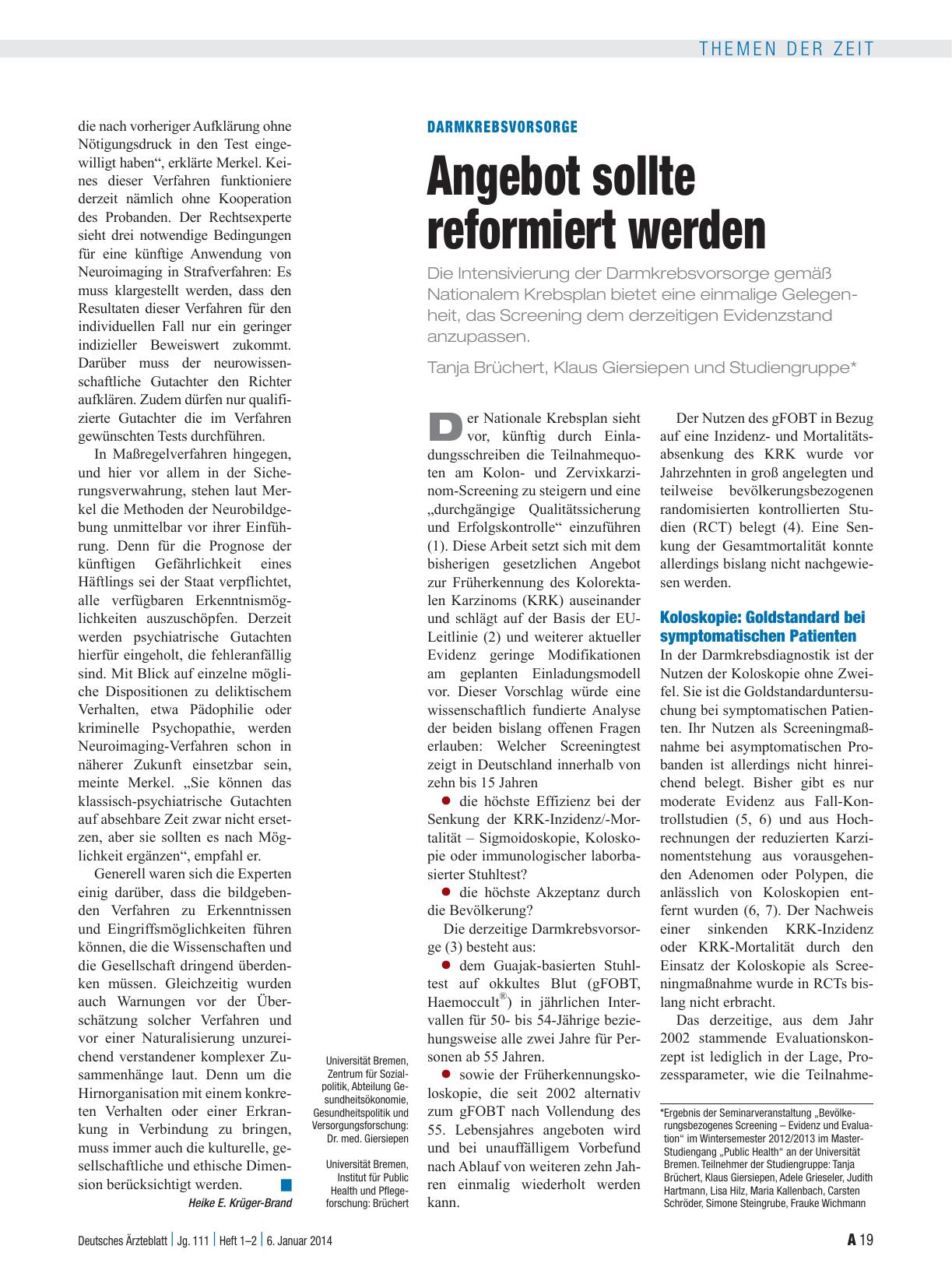 Vorschauseite 1: Darmkrebsvorsorge: Angebot sollte reformiert werden
